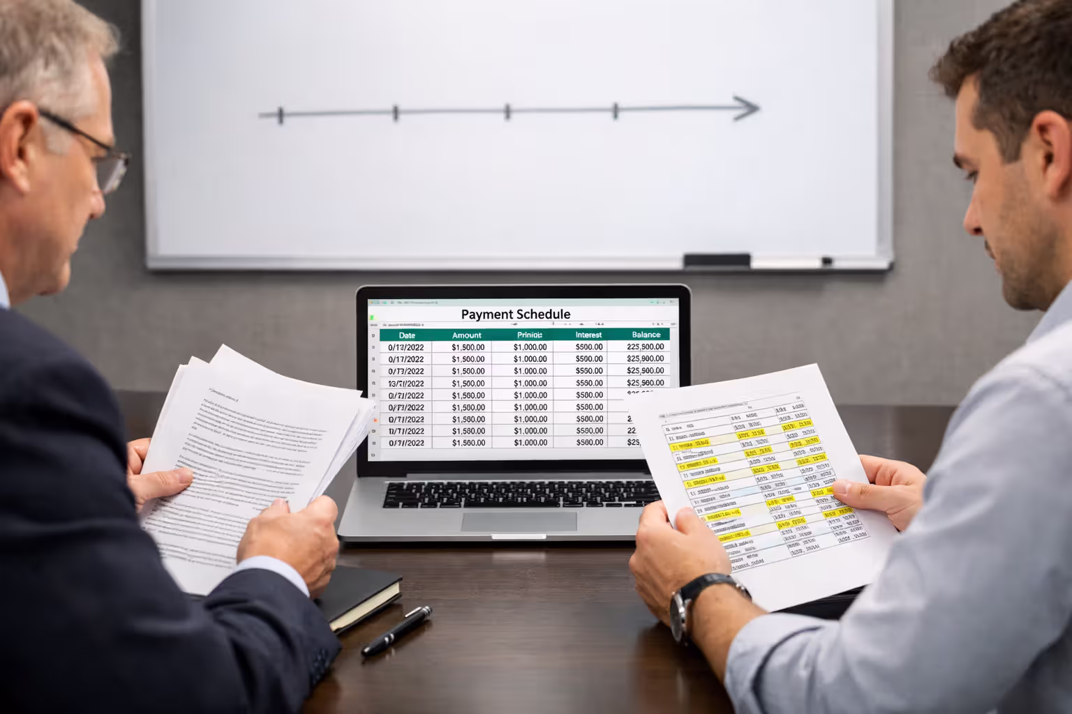 Attorney and insurance representative negotiating structured settlement payment terms at conference table