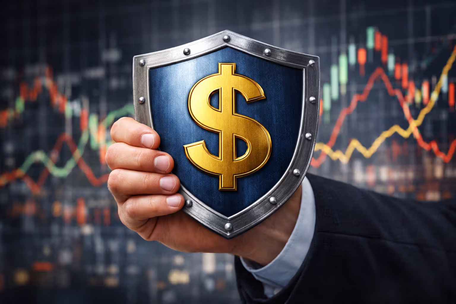Hand holding a protective shield with dollar sign in front of a blurred volatile stock market chart symbolizing financial security