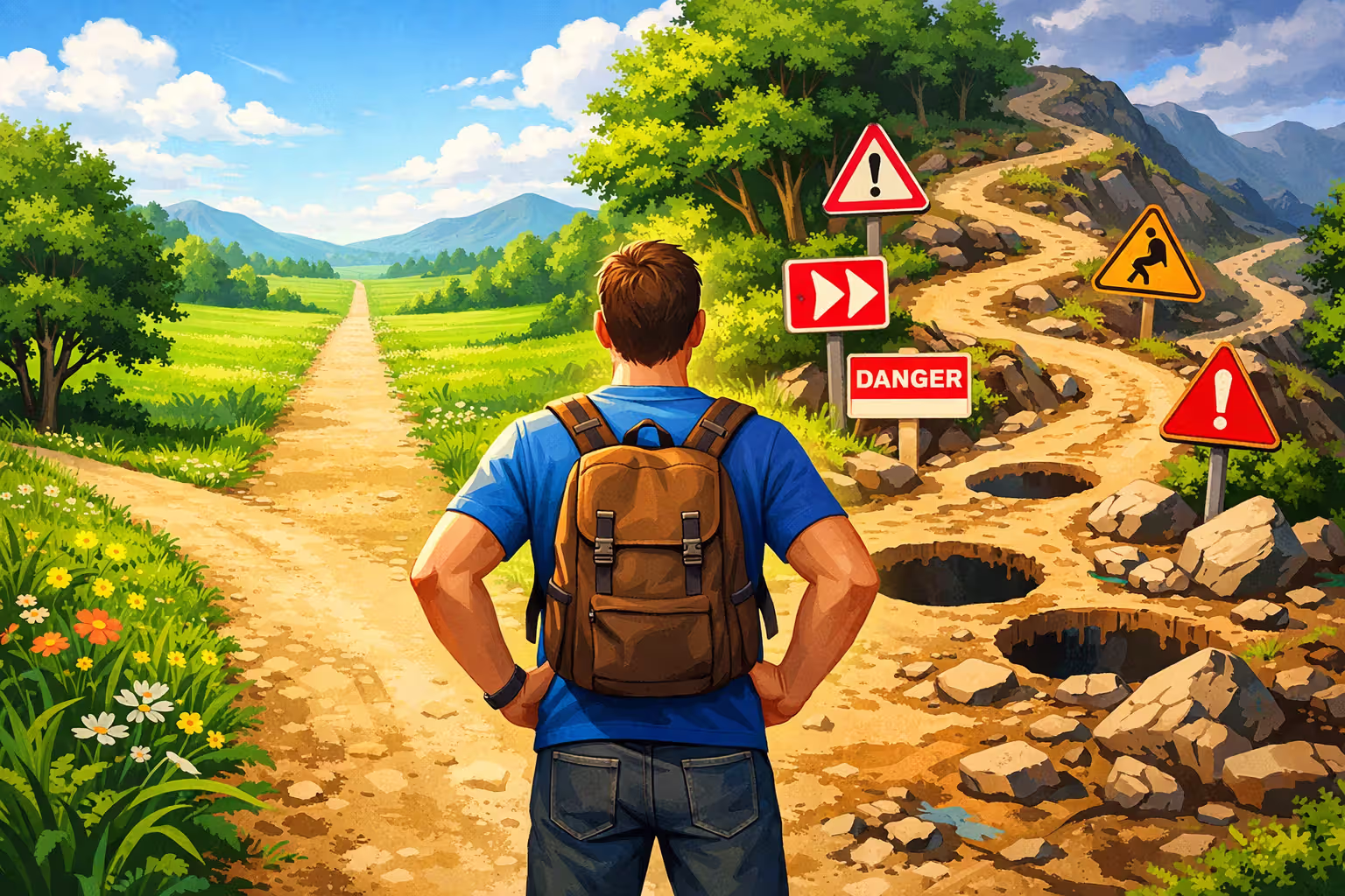 Person standing at a fork in the road choosing between a smooth green stable path and a winding risky path with warning signs