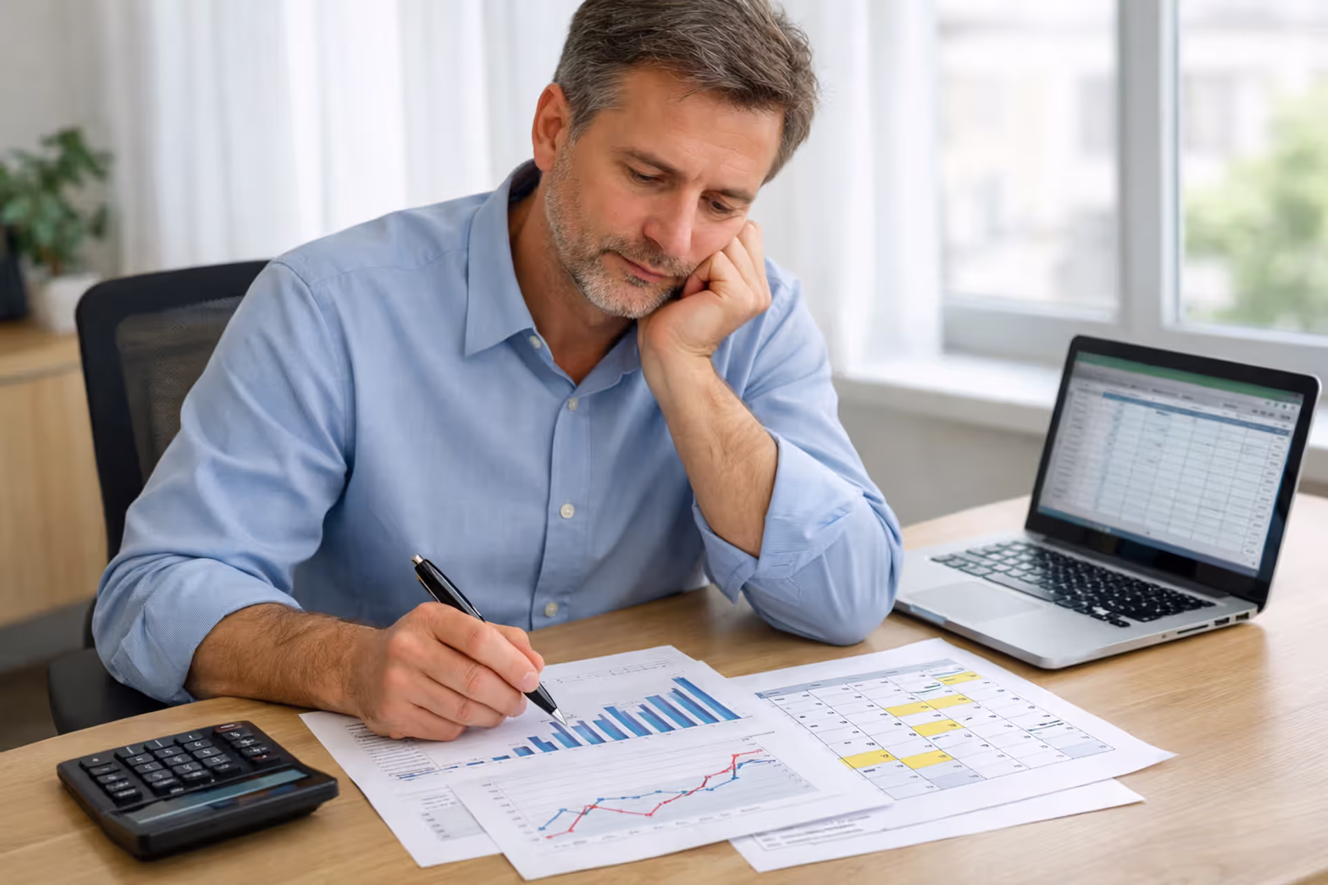 Person reviewing structured settlement annuity documents with payment schedules and calculator on office desk