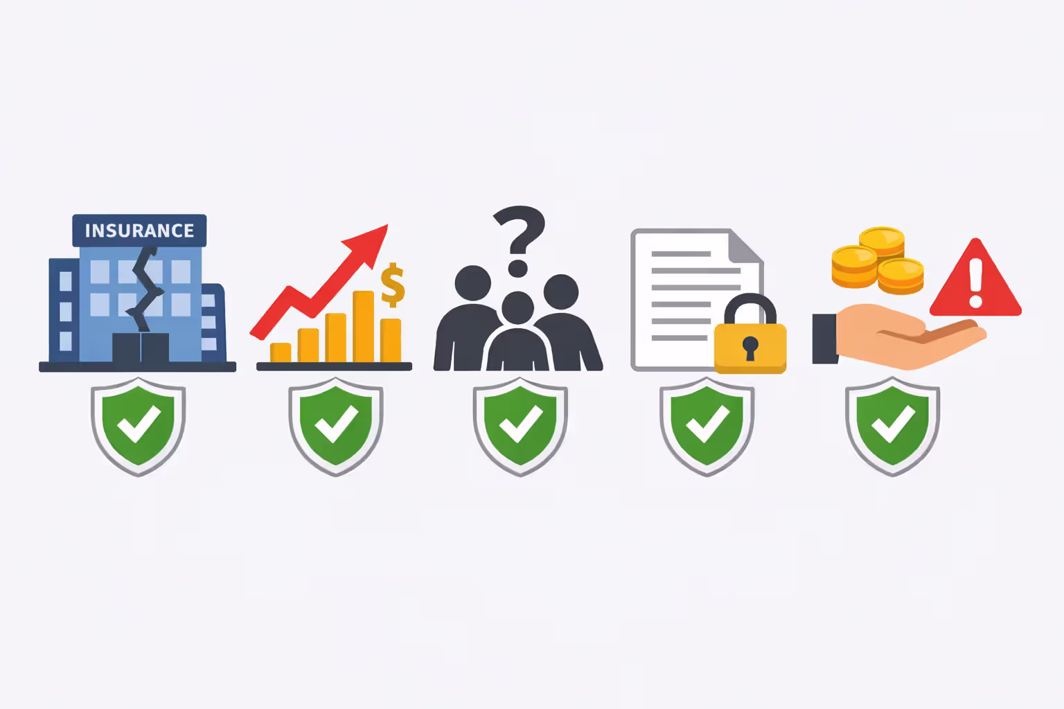 Five structured settlement threat icons including insurer insolvency inflation beneficiary risks payment restrictions and factoring companies each paired with protective shield checkmark