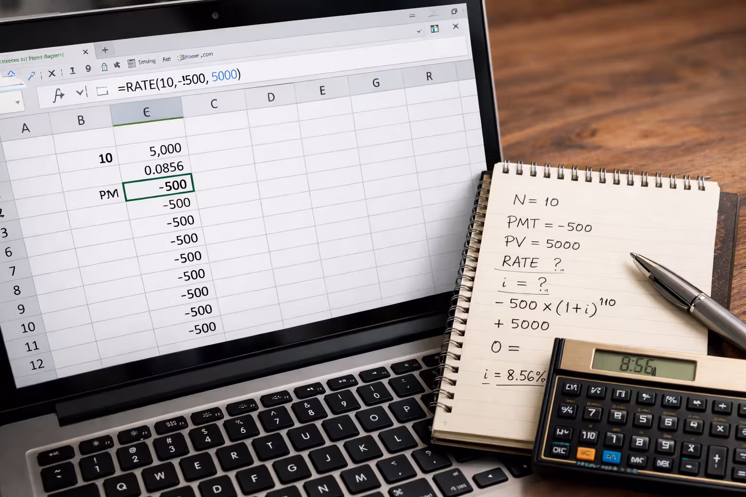 Laptop screen showing Excel spreadsheet with RATE function calculating settlement interest rate, financial calculator and notepad nearby