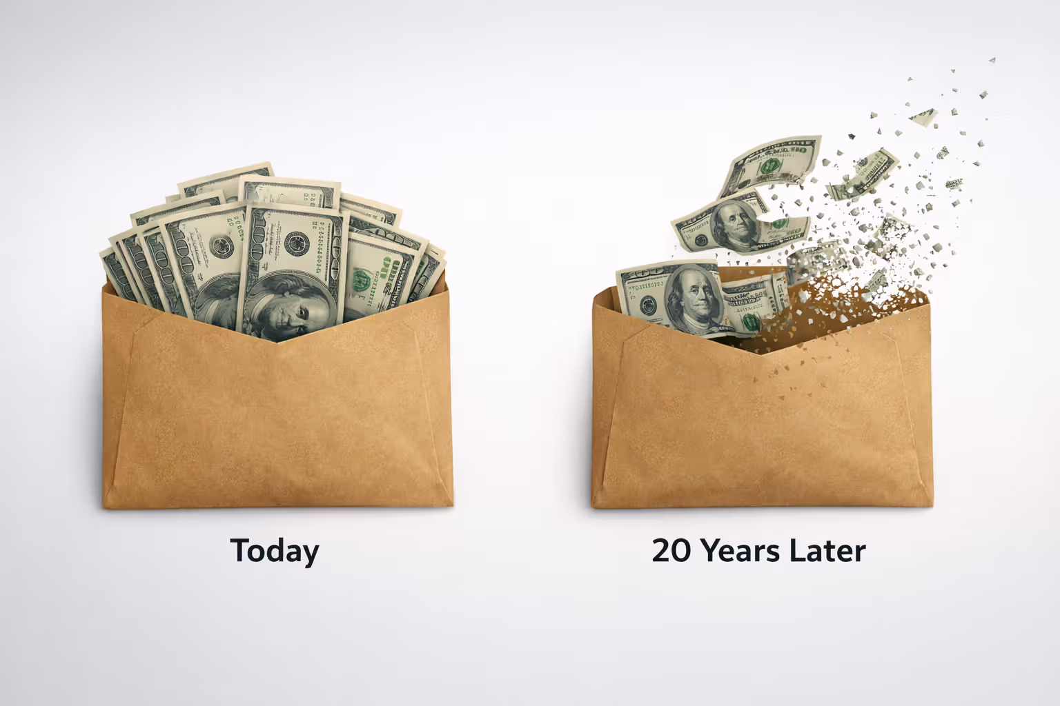 Two money envelopes comparing purchasing power: full envelope labeled Today versus half-empty envelope labeled 20 Years Later with bills fading away