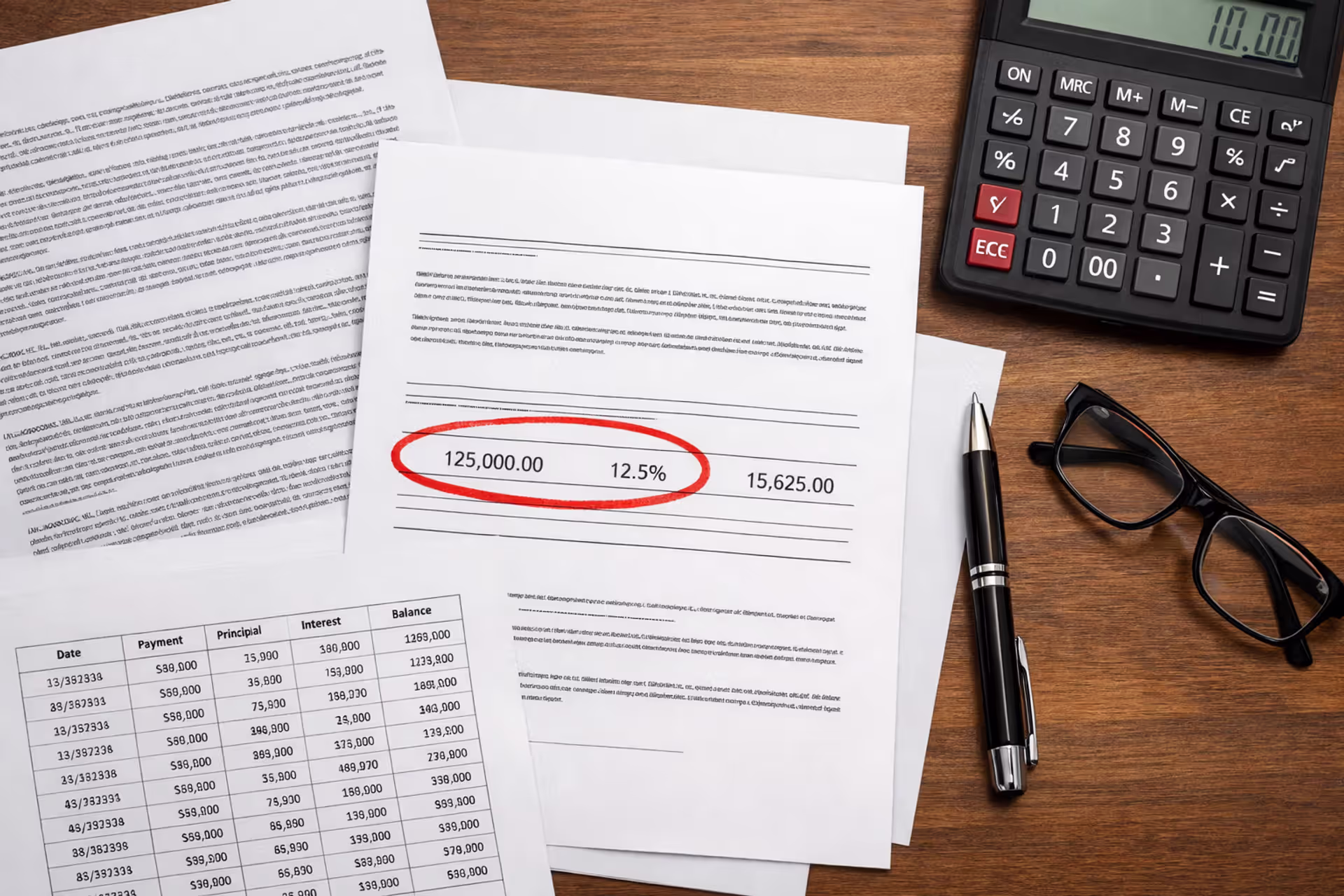 Stack of legal settlement documents on a desk with a calculator, pen, and glasses, one line highlighted with a red marker showing payment figures