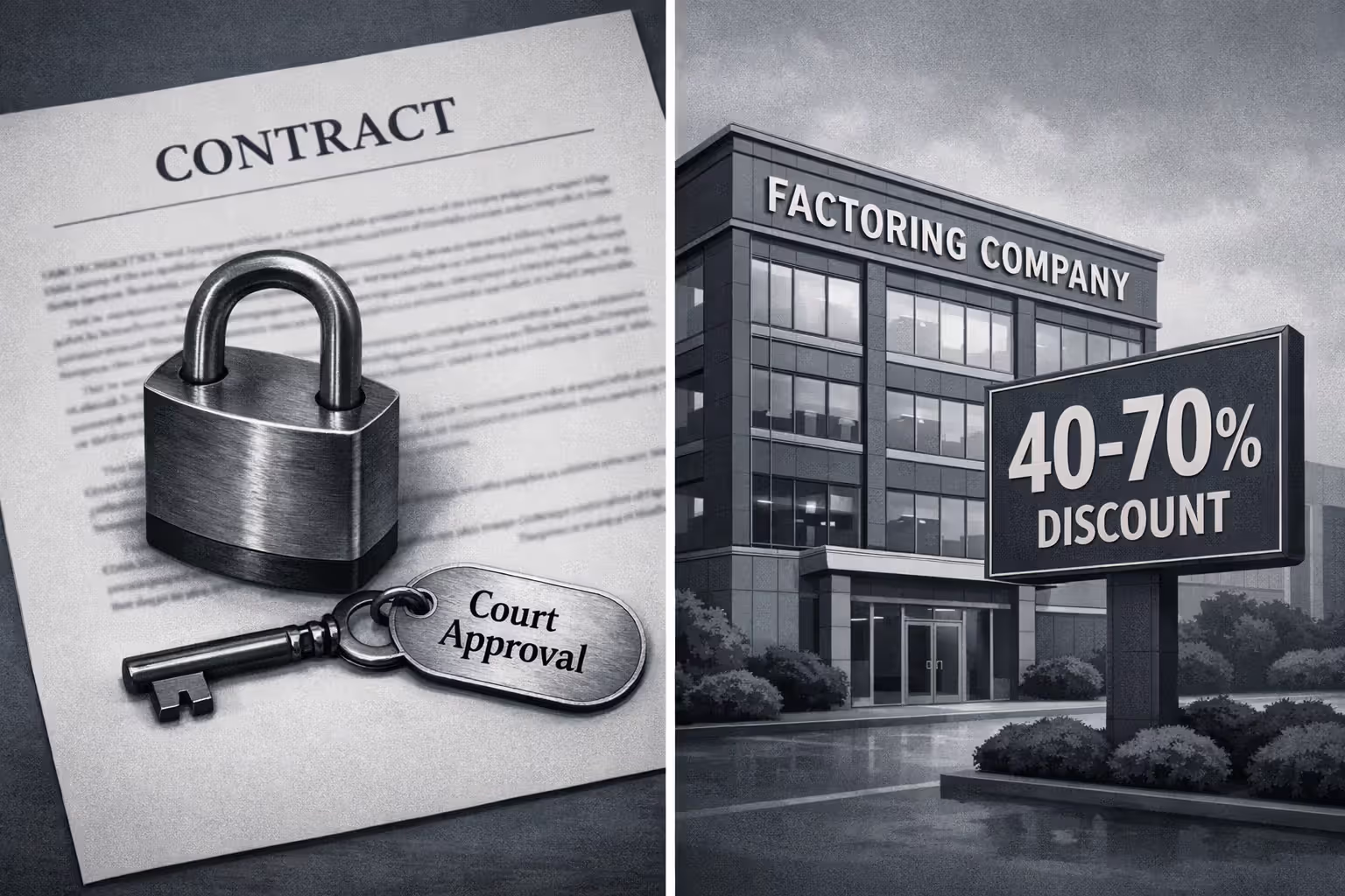 Locked legal annuity contract with court approval key and factoring company building showing steep payment discount rates