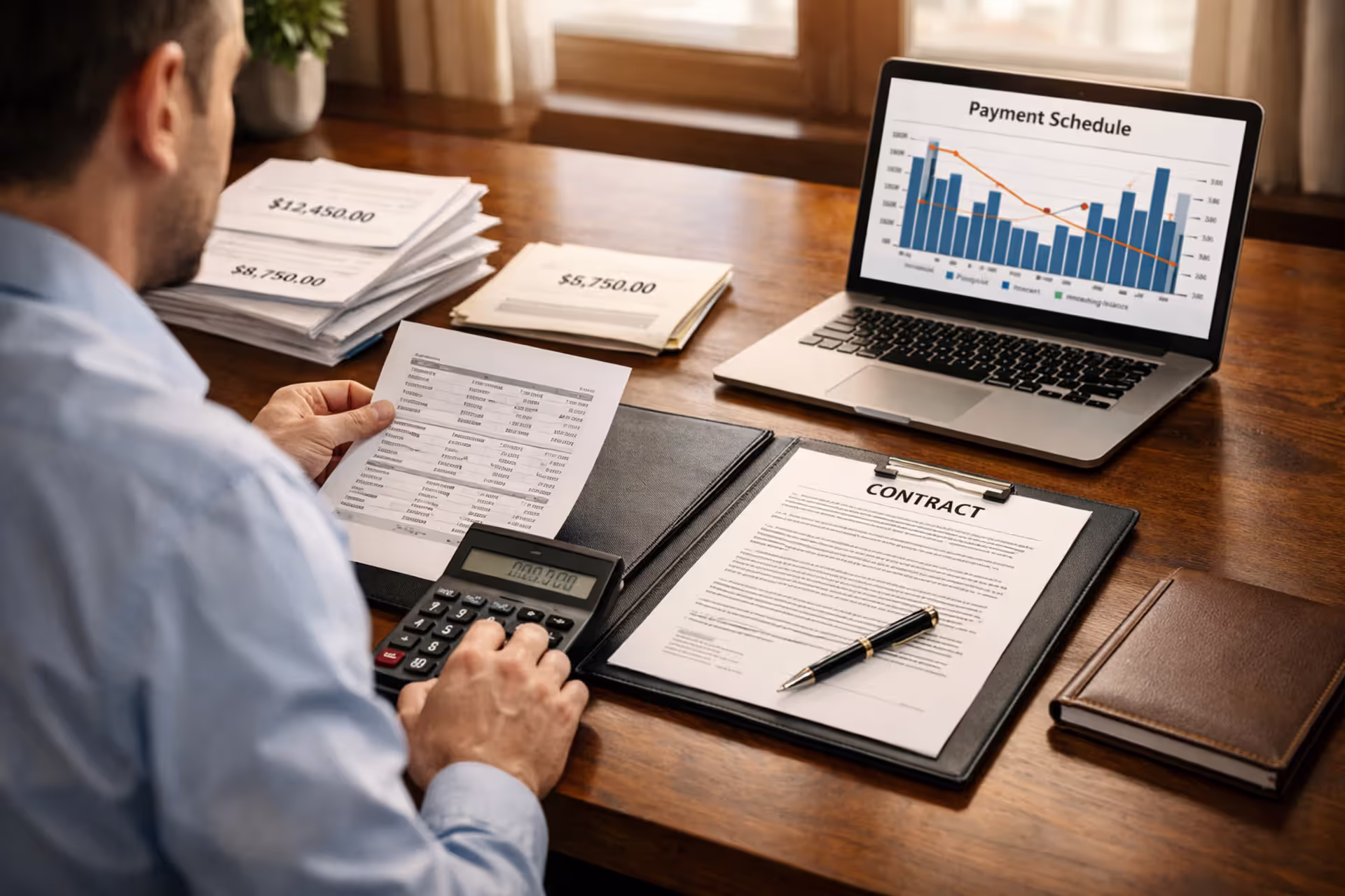 Person reviewing structured settlement payment documents and financial schedules at an office desk with calculator and laptop