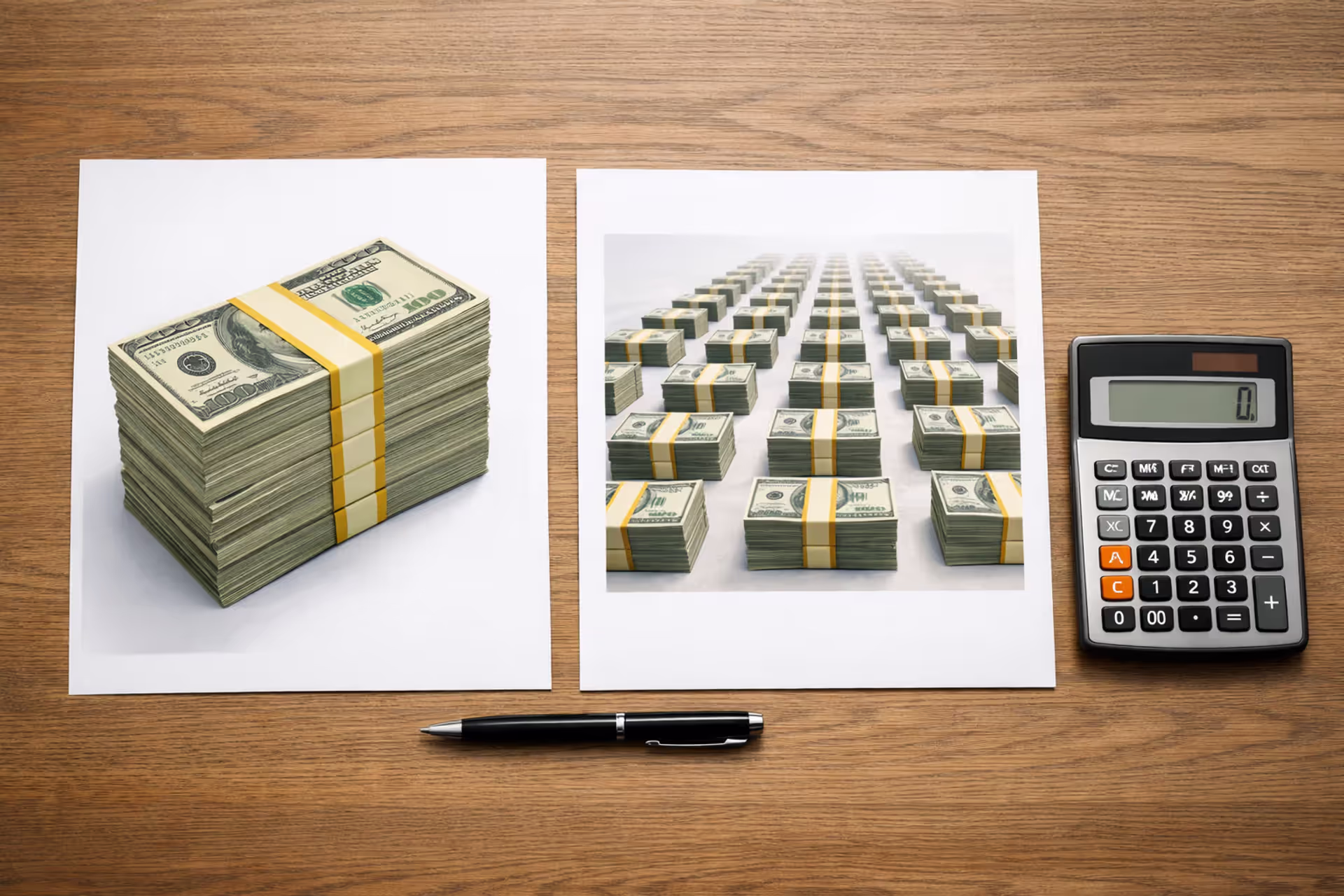 Top-down view of a desk with two documents comparing a single large cash stack versus a row of smaller equal cash stacks, pen and calculator between them