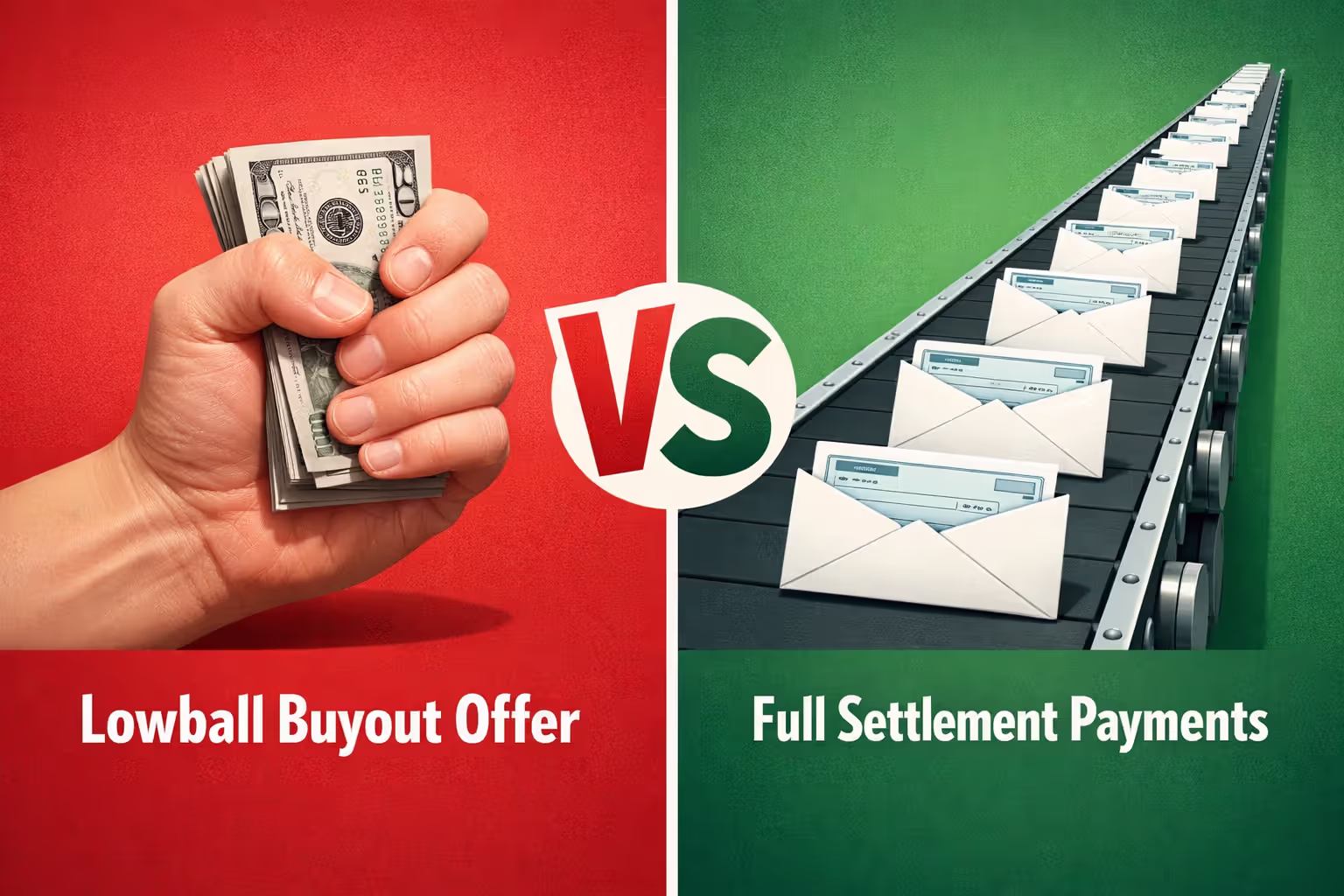 Split comparison showing small cash stack representing buyout offer versus conveyor belt delivering payment envelopes representing full settlement value