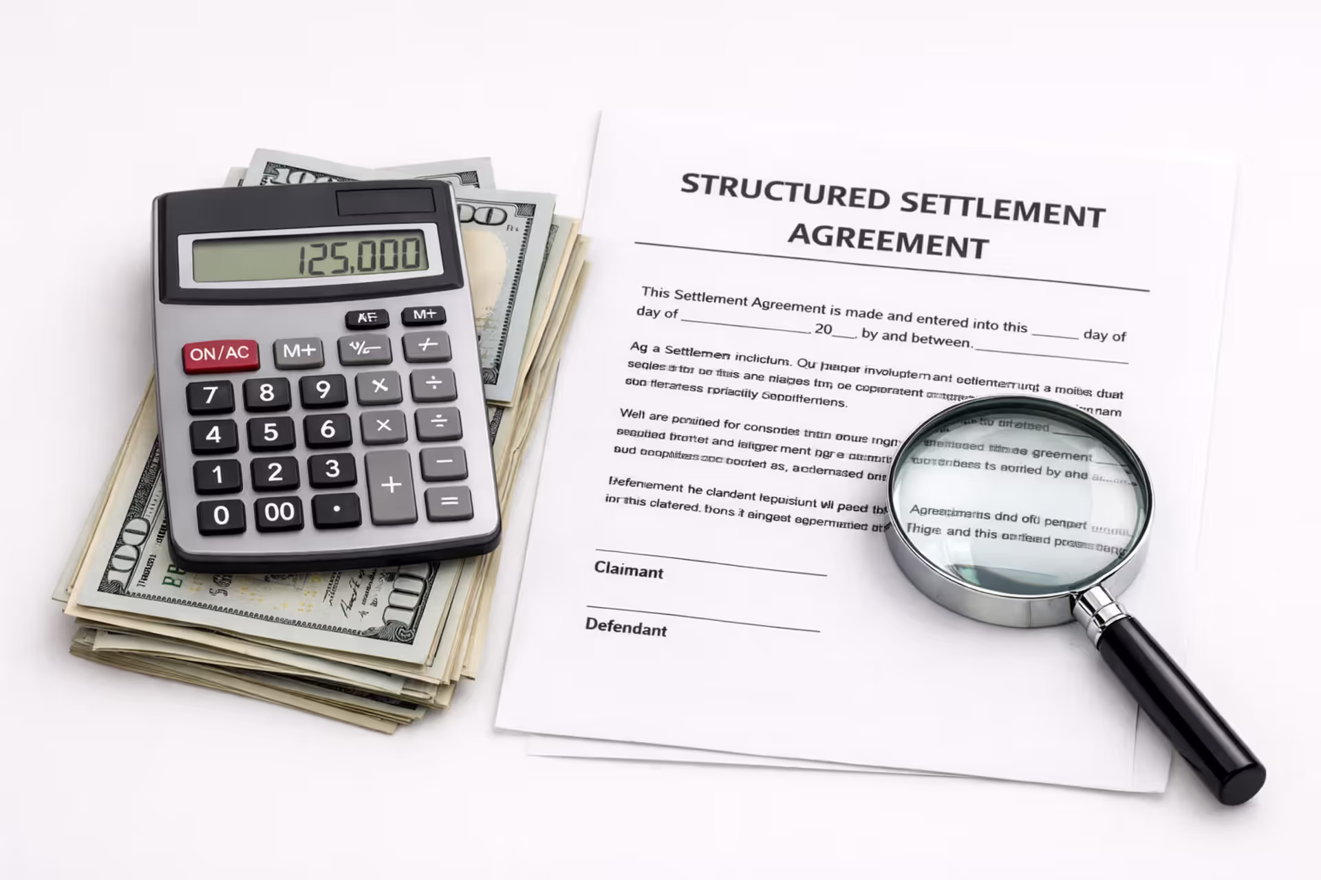 Calculator on dollar bills next to magnifying glass and structured settlement agreement document on white desk