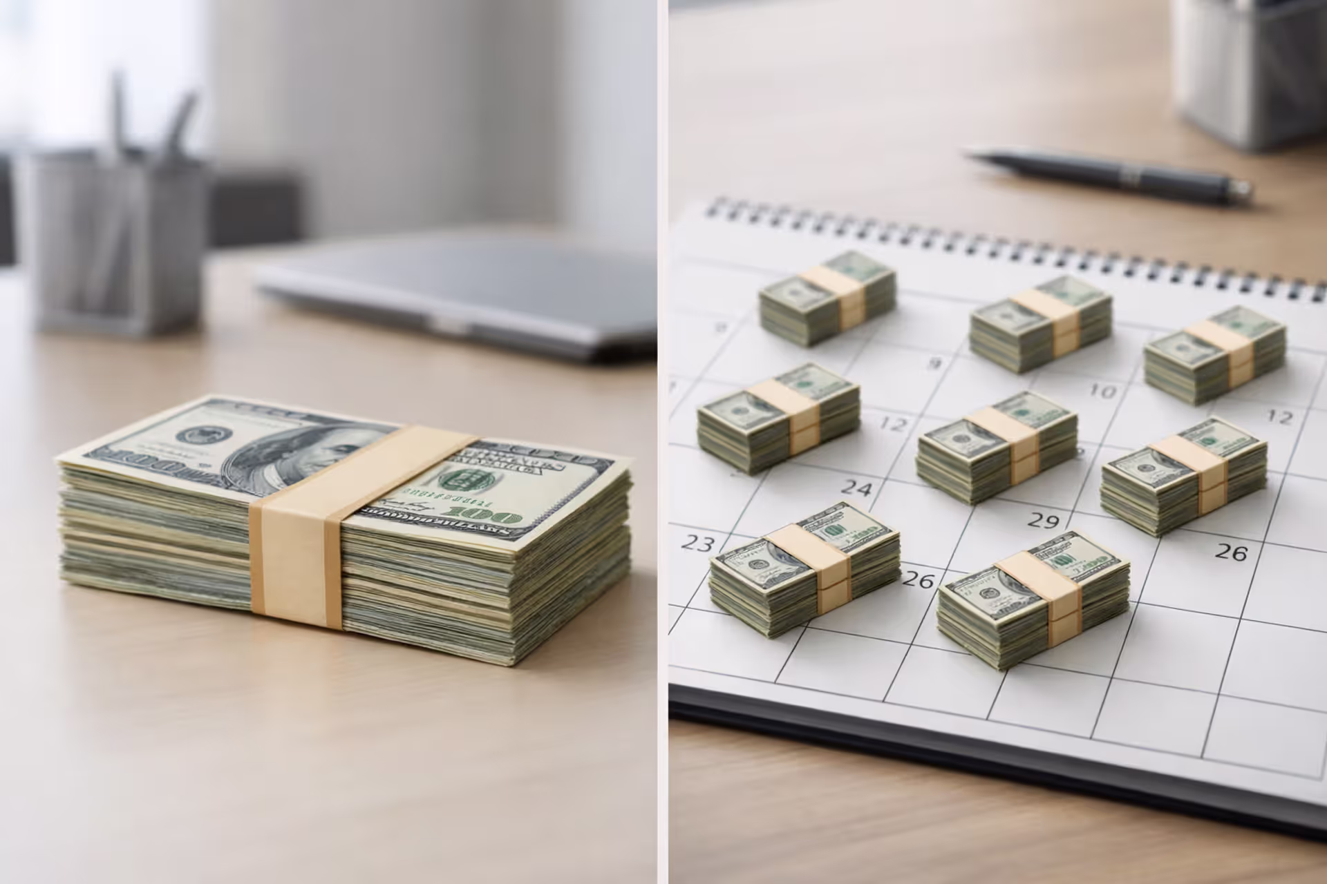 Structured settlement periodic payments versus lump sum single payout concept with money stacks and calendar