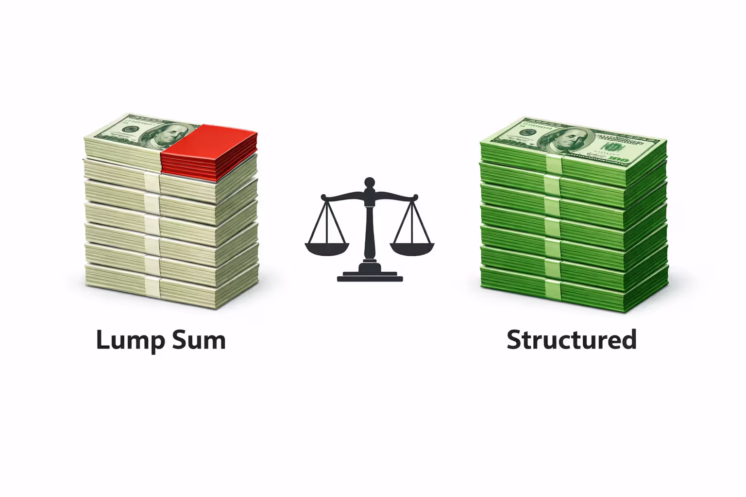 Side-by-side comparison showing lump sum investment with tax portion highlighted in red versus fully tax-free structured settlement payments in green with a balance scale between them