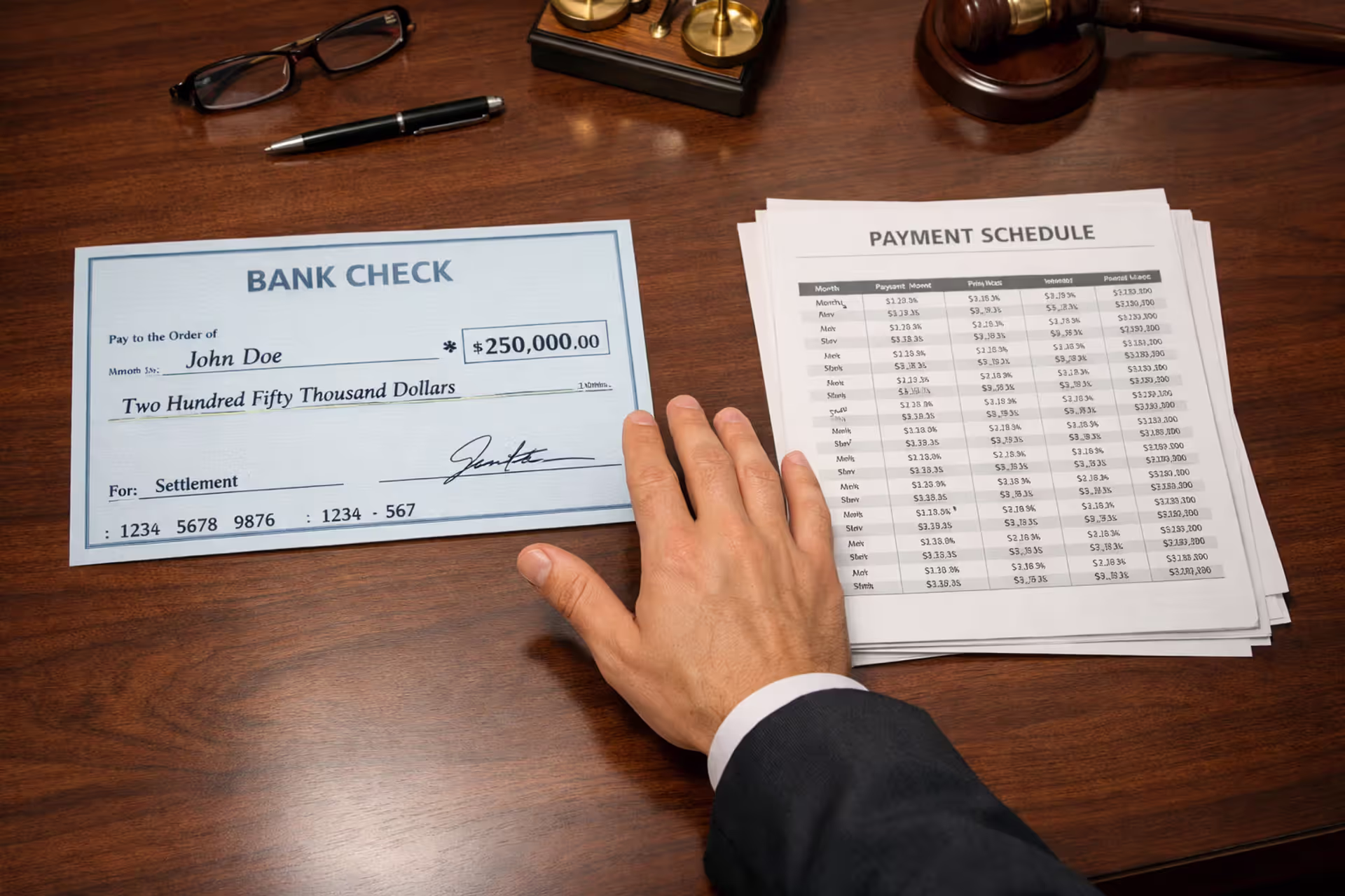 Person’s hand hesitating between a single large settlement check and a structured payment schedule document on a law office conference table