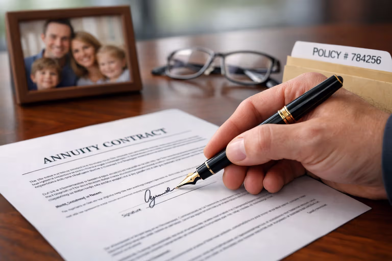 Close-up of hand signing structured settlement annuity beneficiary designation form with family photo on desk