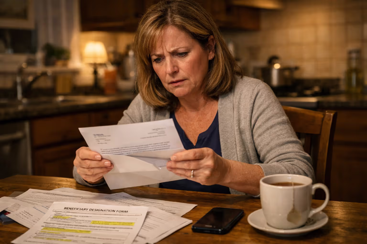 Worried woman reading insurance company letter about structured settlement beneficiary designation at kitchen table