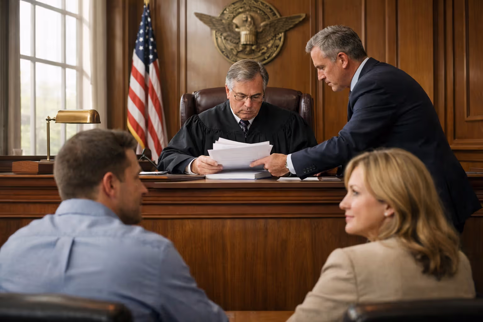 Judge in courtroom reviewing child settlement documents while attorney presents case and parents wait anxiously in foreground