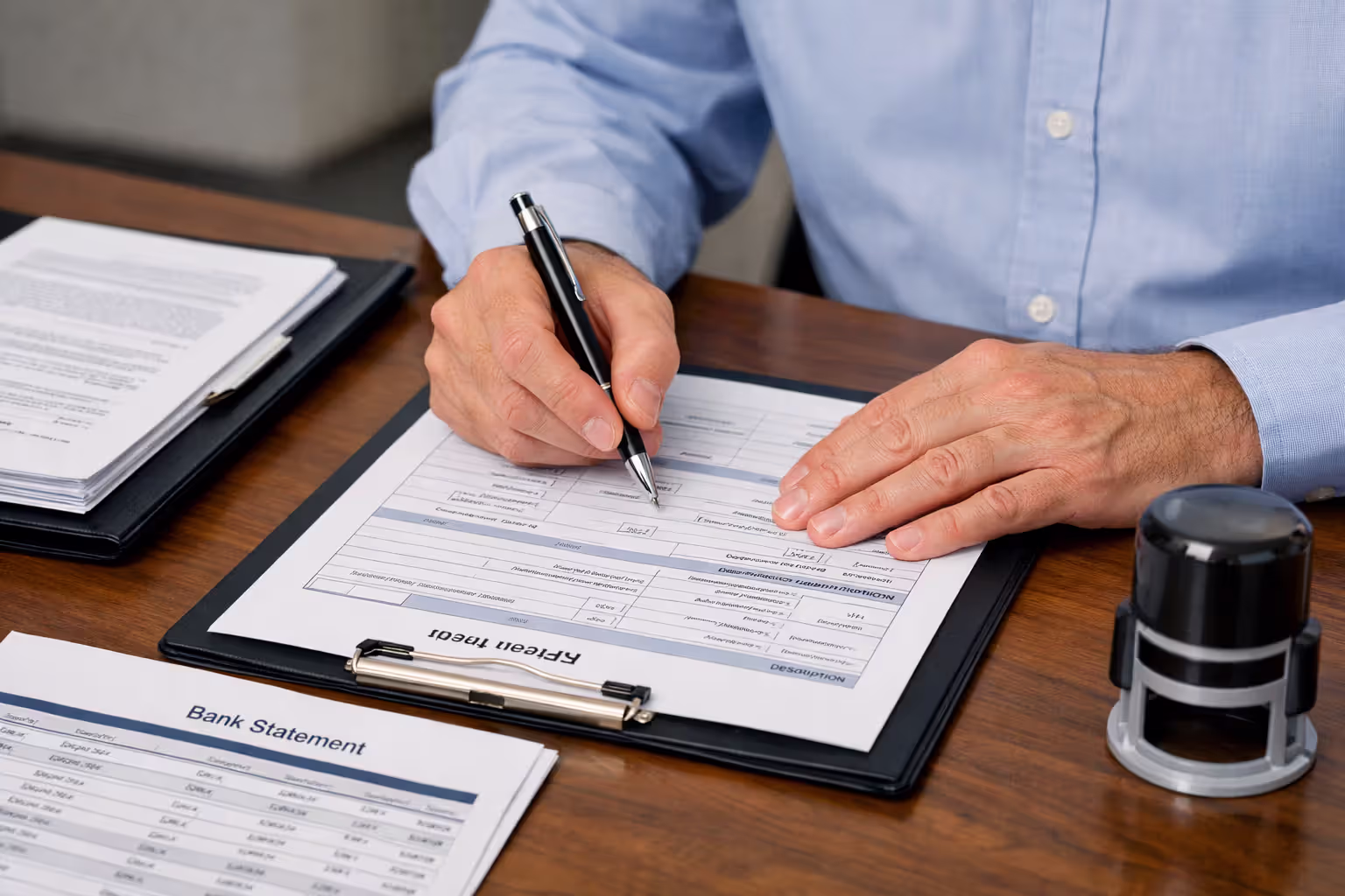 Guardian hands filling out official court financial report form with bank statements on desk