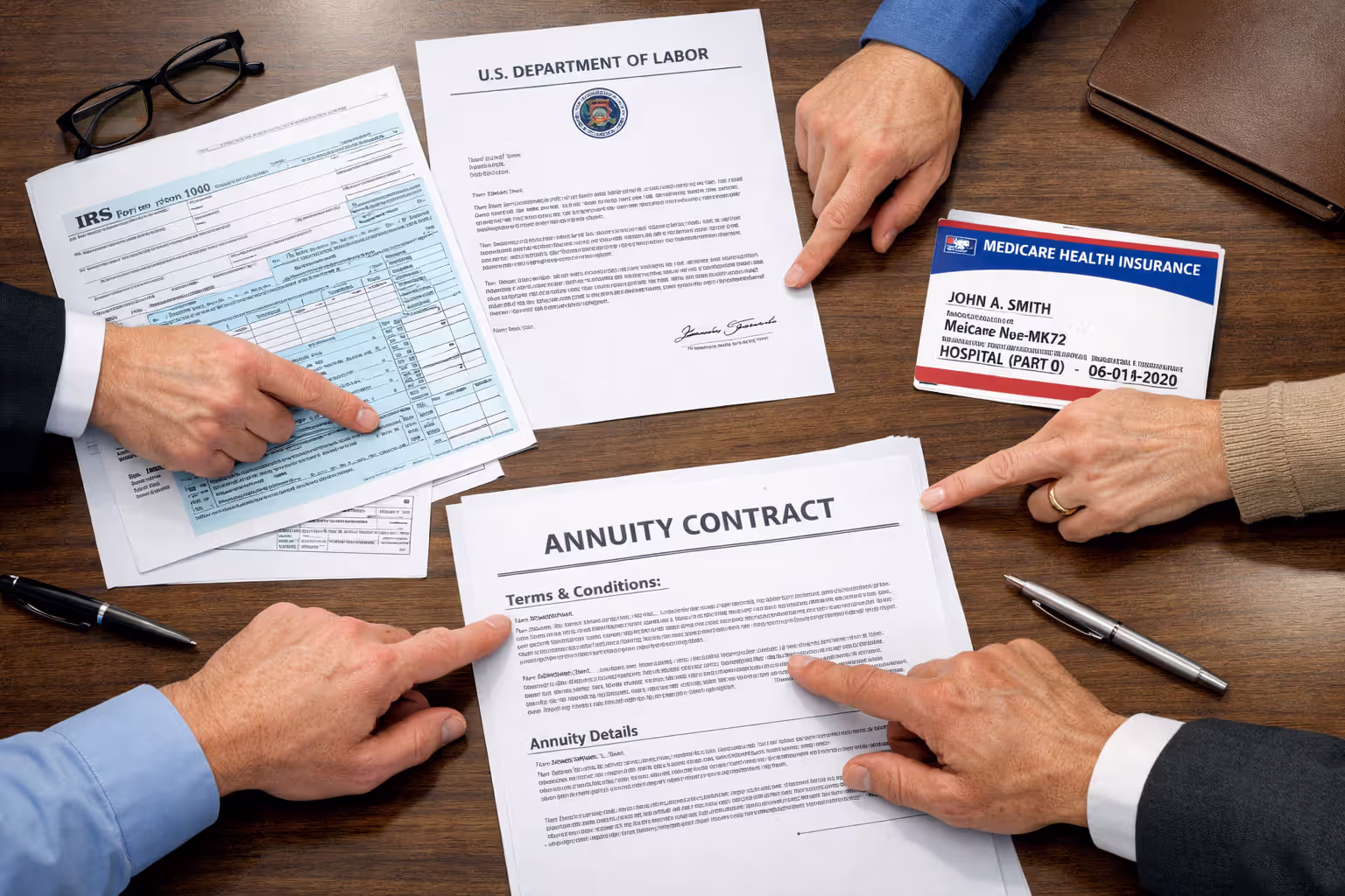 Multiple federal regulatory documents including IRS forms and Medicare paperwork on conference table