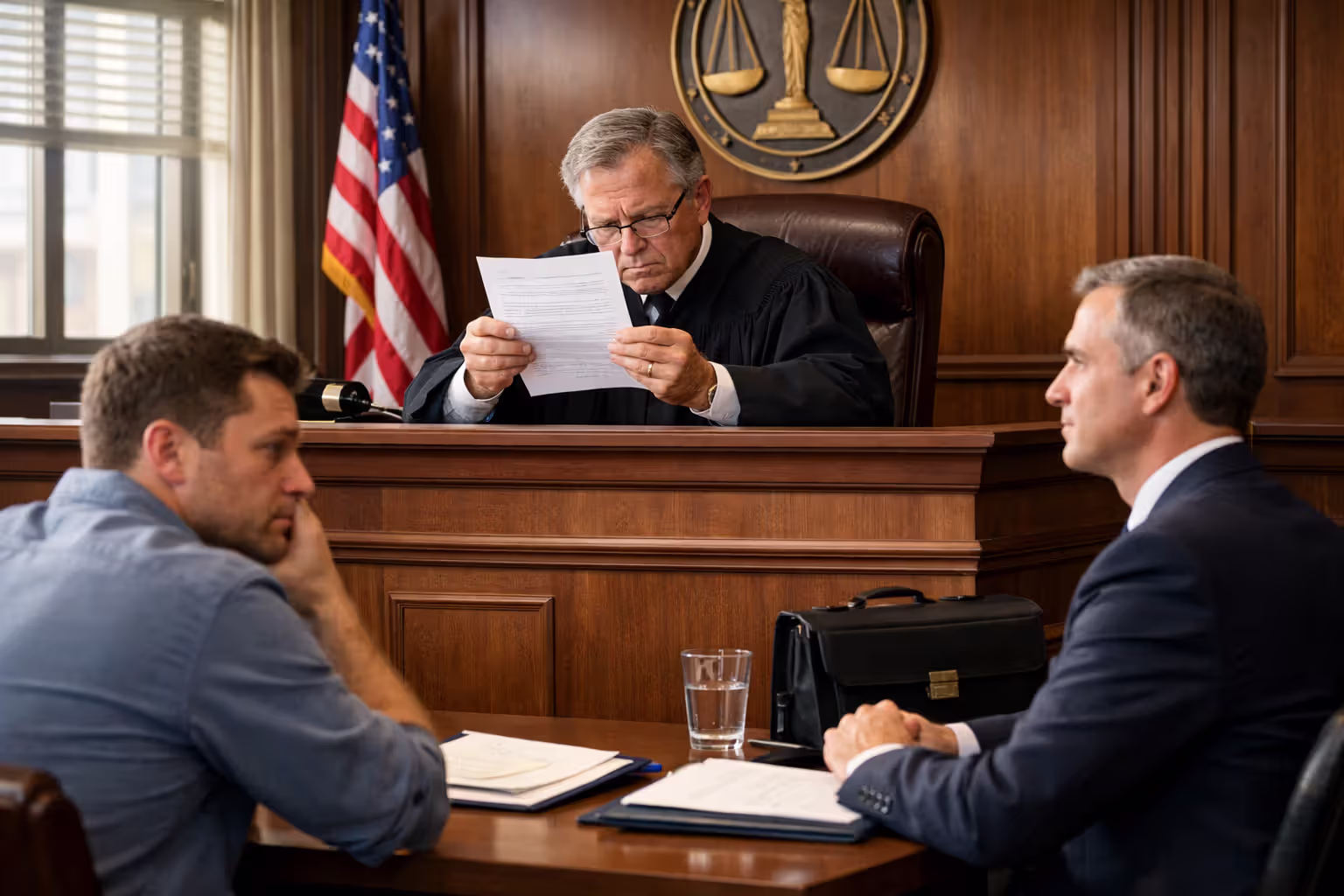 Judge reviewing structured settlement transfer petition in courtroom with concerned payee and factoring company representative