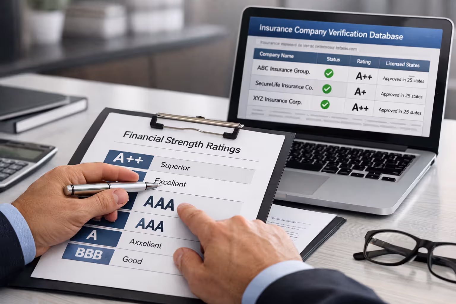 Financial advisor verifying insurance company ratings and compliance documentation on desk