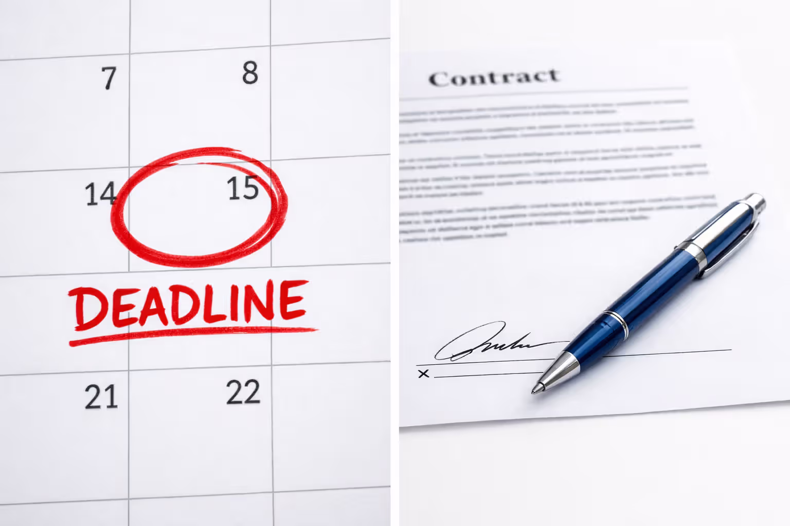 Split image showing a calendar with circled deadline date and a signed legal contract with pen