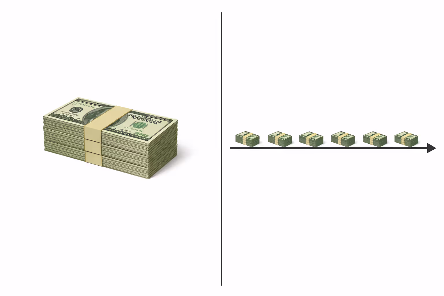 Visual comparison of lump sum payment versus structured settlement periodic payments over time