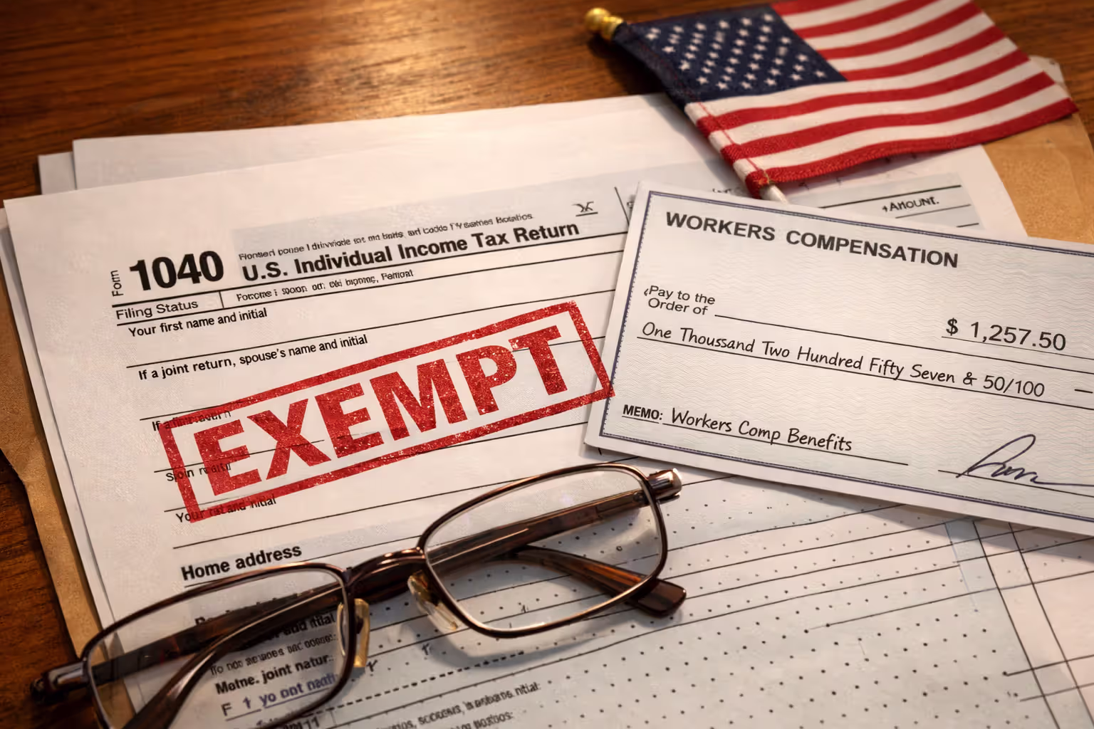 U.S. tax form marked exempt next to a workers compensation payment check symbolizing tax-free status