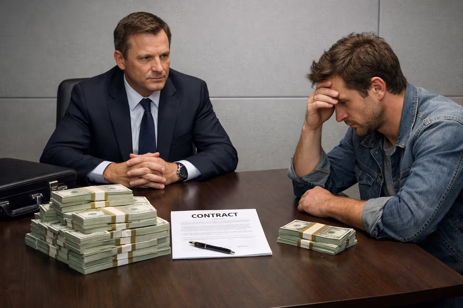 Factoring company representative offering a reduced lump sum to a structured settlement holder across a negotiation table