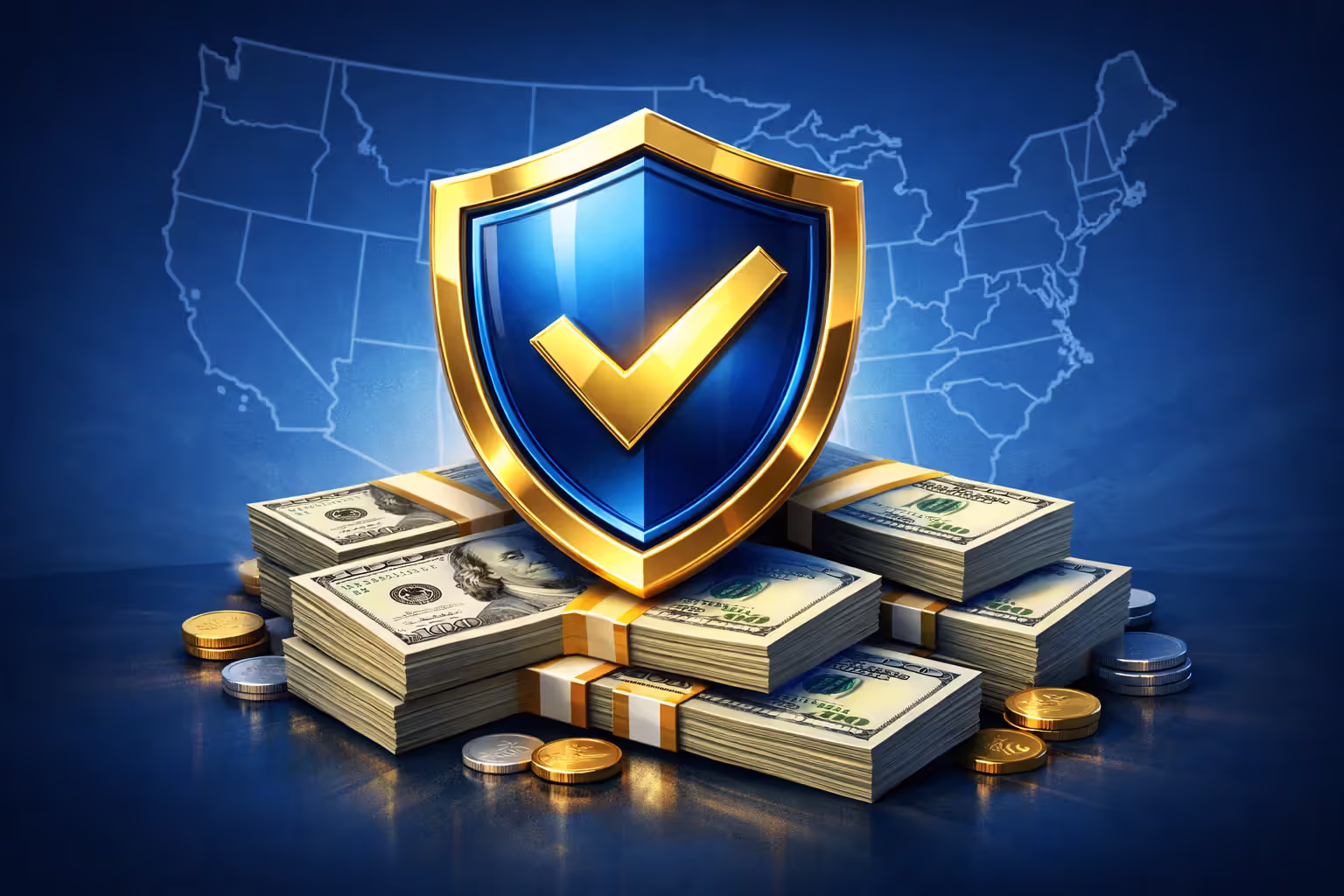 Protective shield over money stacks with US state map representing guaranty association coverage