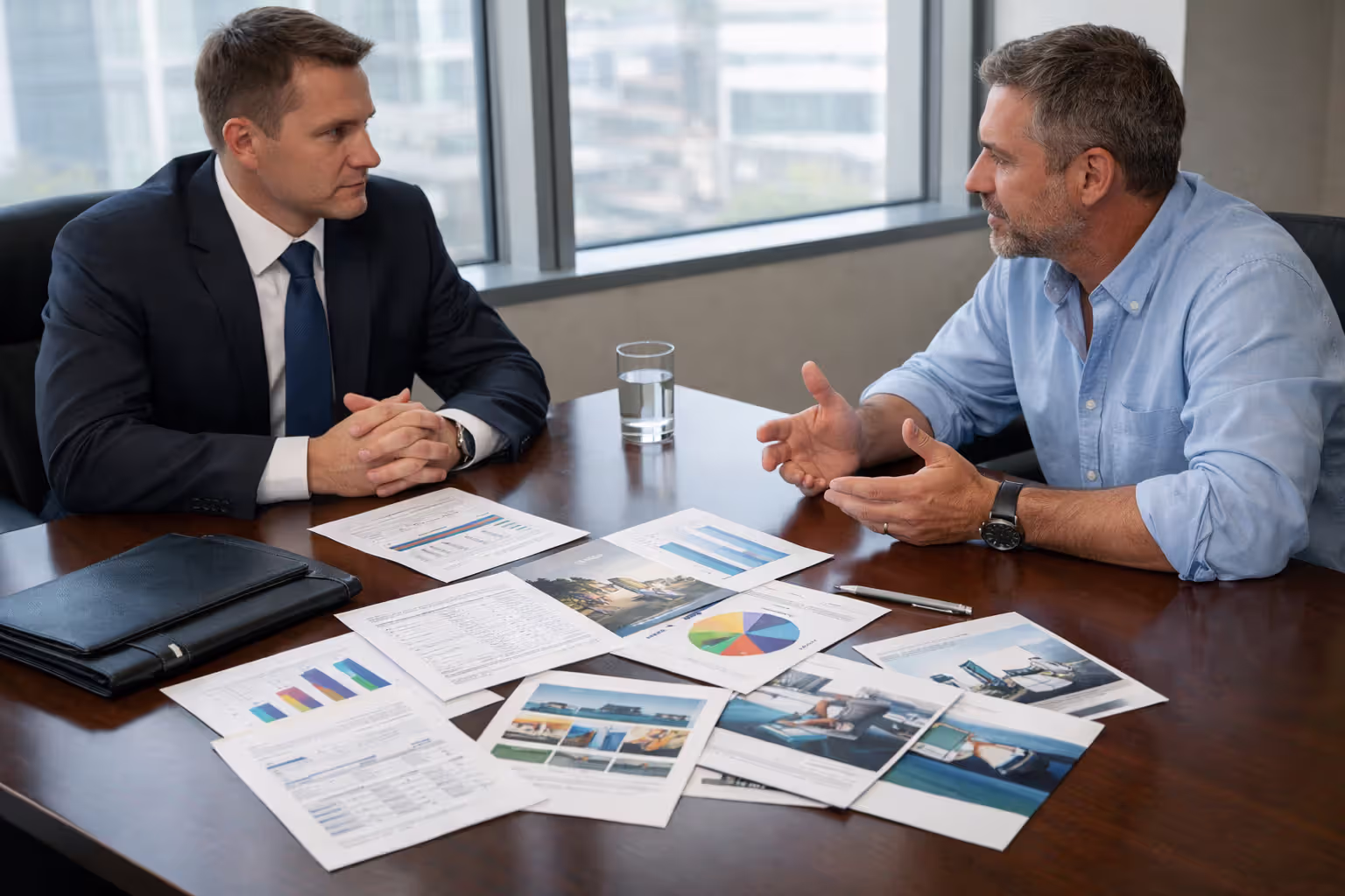 Business negotiation between insurance representative and settlement claimant reviewing carrier rating documents at conference table