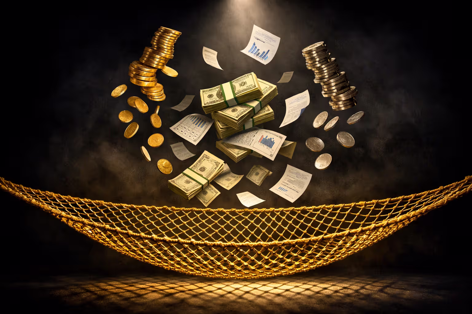 Golden safety net catching falling coins and financial documents representing state insurance guaranty association protection
