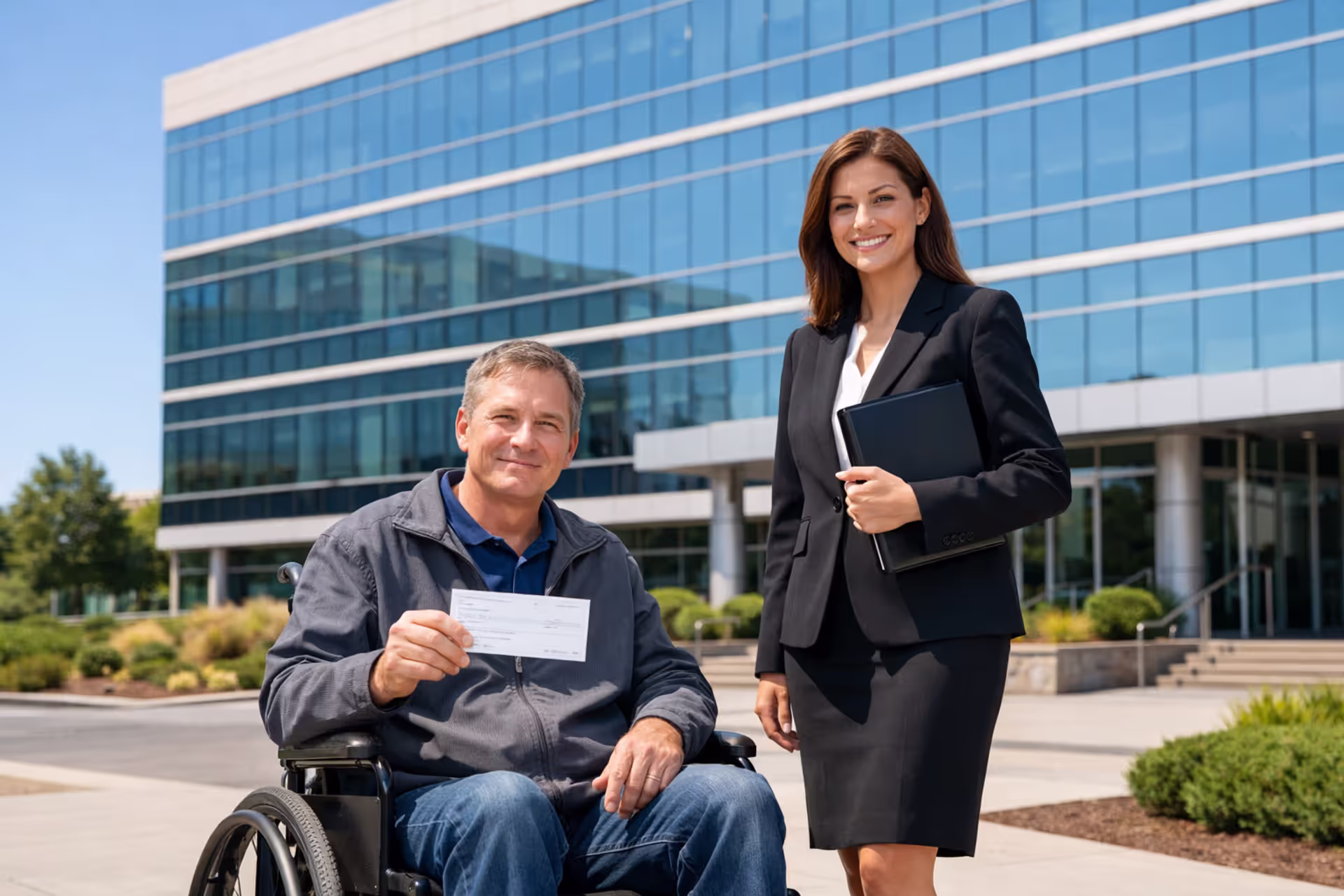 Life insurance company building with structured settlement recipient holding payment check