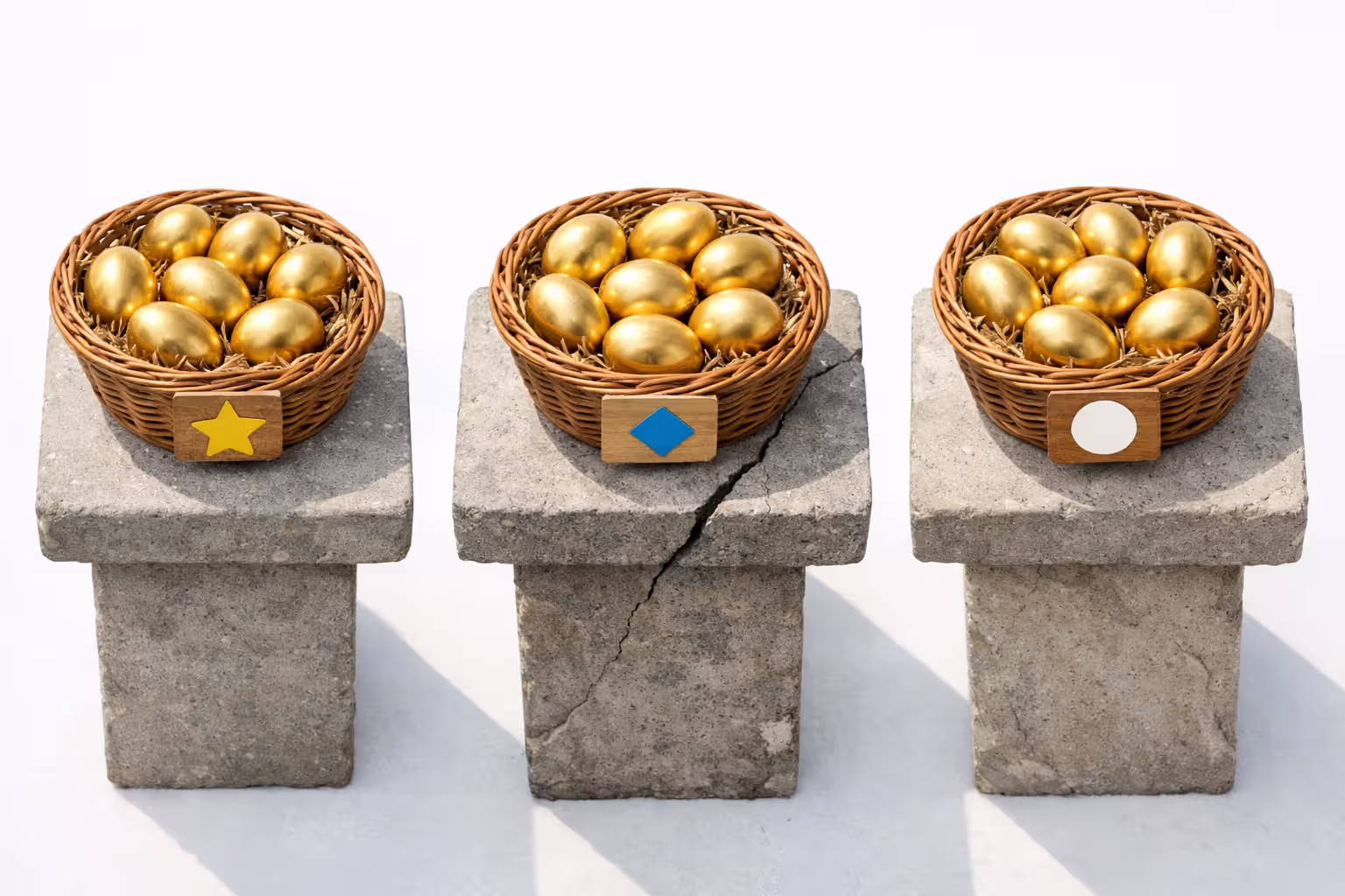 Three separate baskets of golden eggs on stone pedestals illustrating diversification across multiple insurance carriers