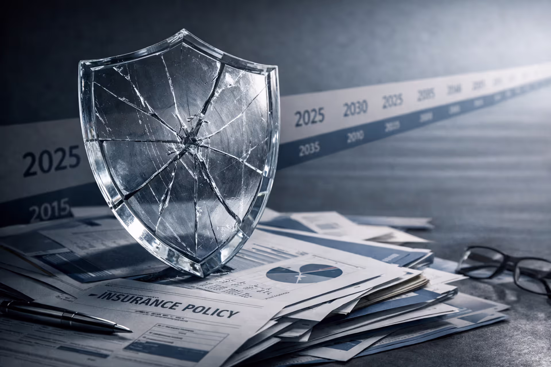 Cracked glass shield on insurance documents symbolizing structured settlement credit risk over decades