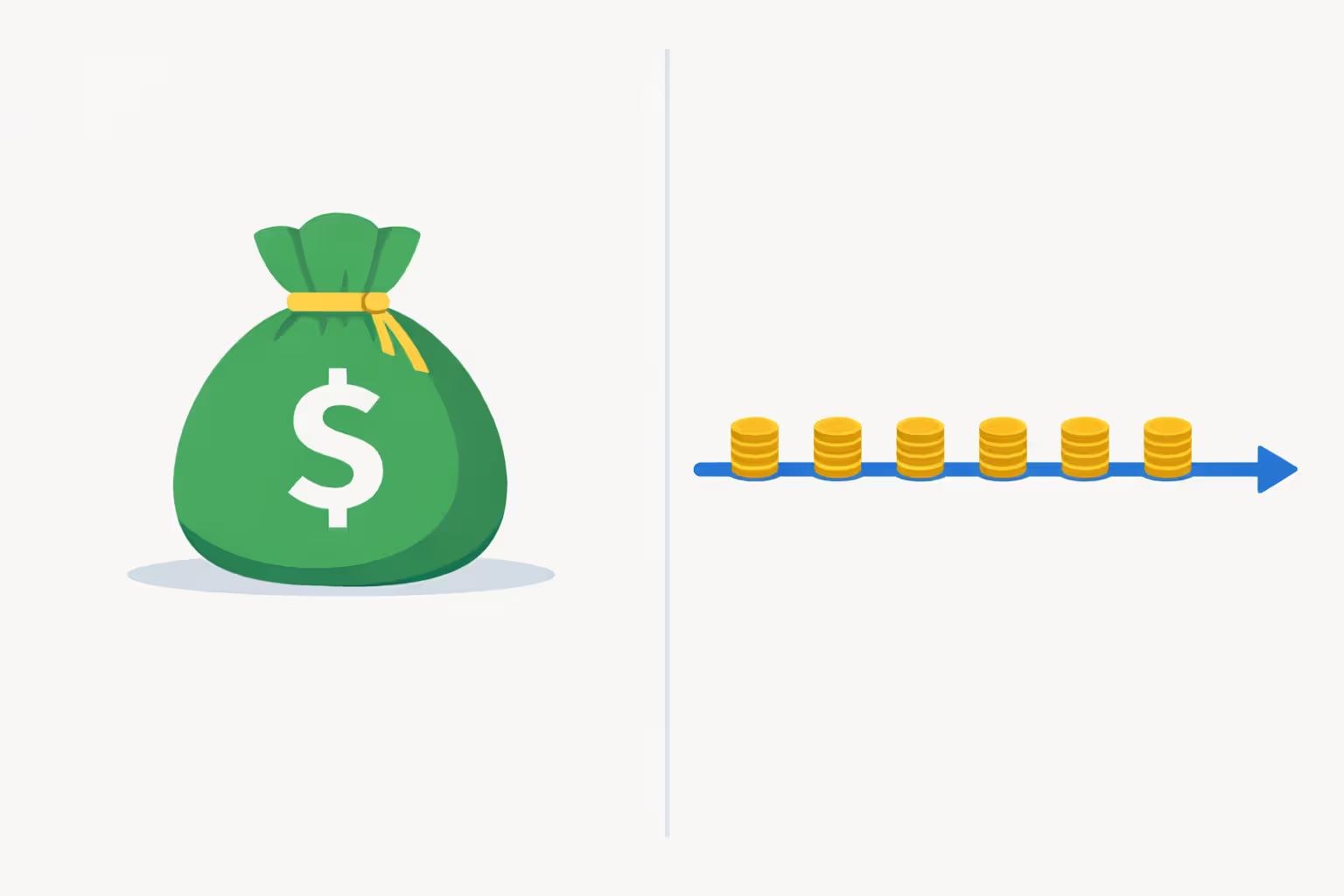 Visual comparison of lump sum payment versus structured settlement periodic payments over time