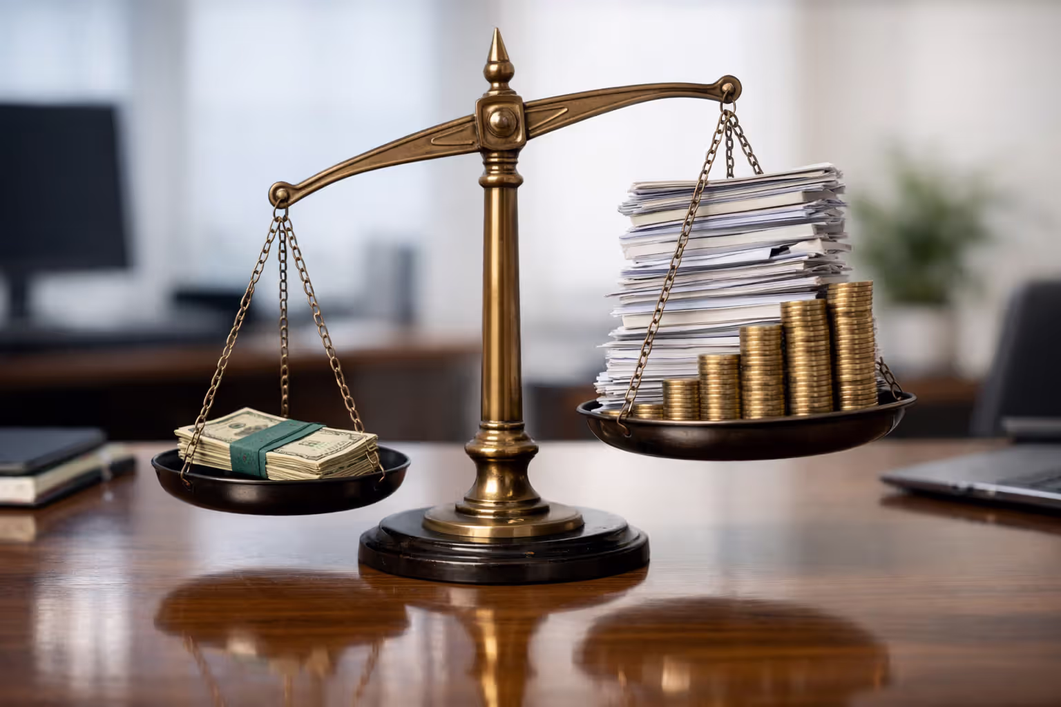 Balance scale comparing smaller immediate cash from selling settlement versus larger future payment value