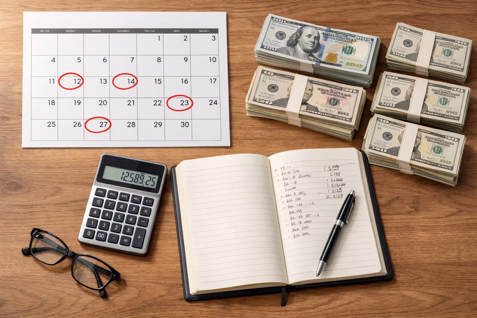 Structured settlement financial planning desk with calendar, money piles, calculator and budget notebook