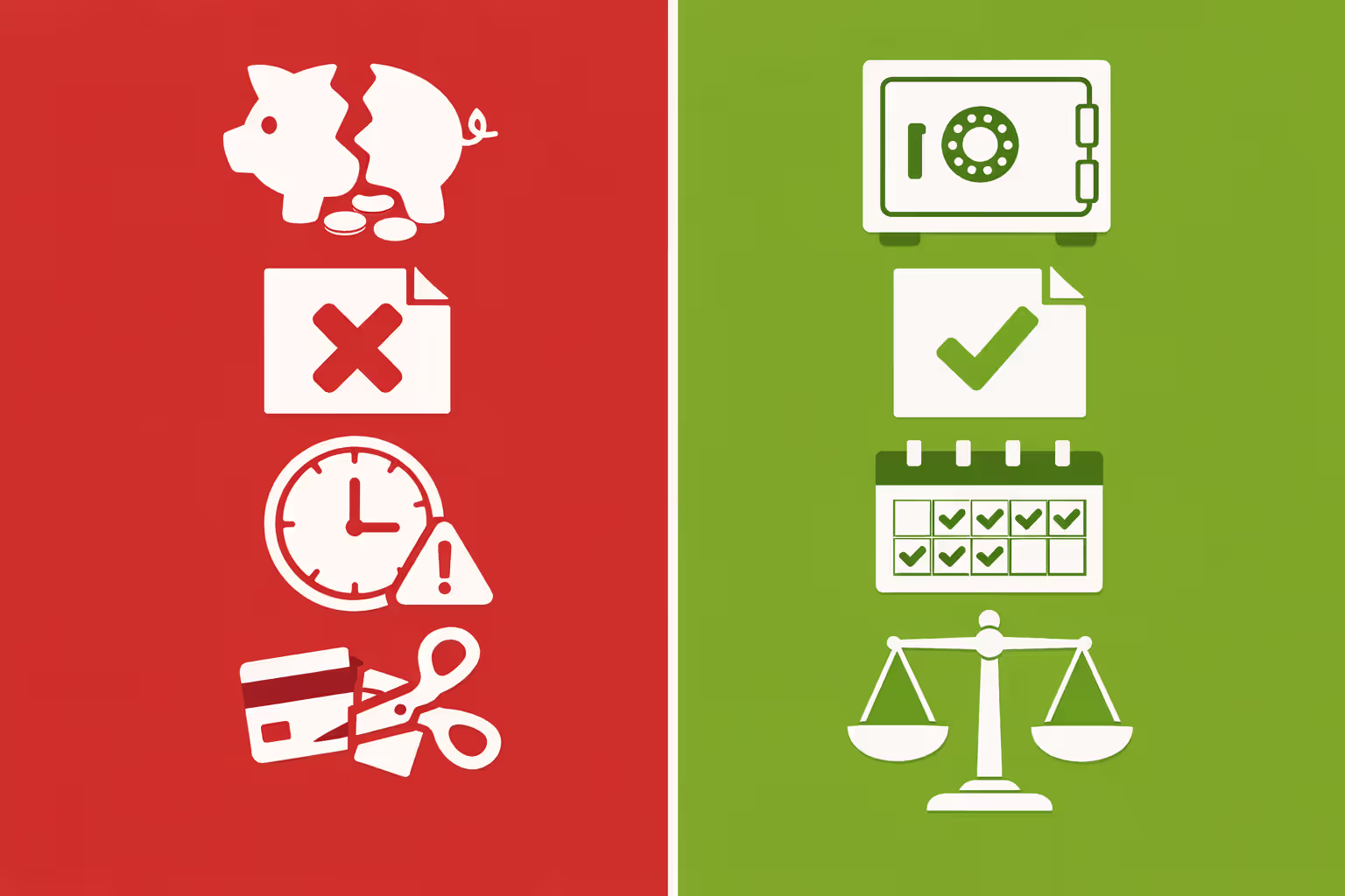 Common financial mistakes versus correct actions in settlement management illustrated with icons