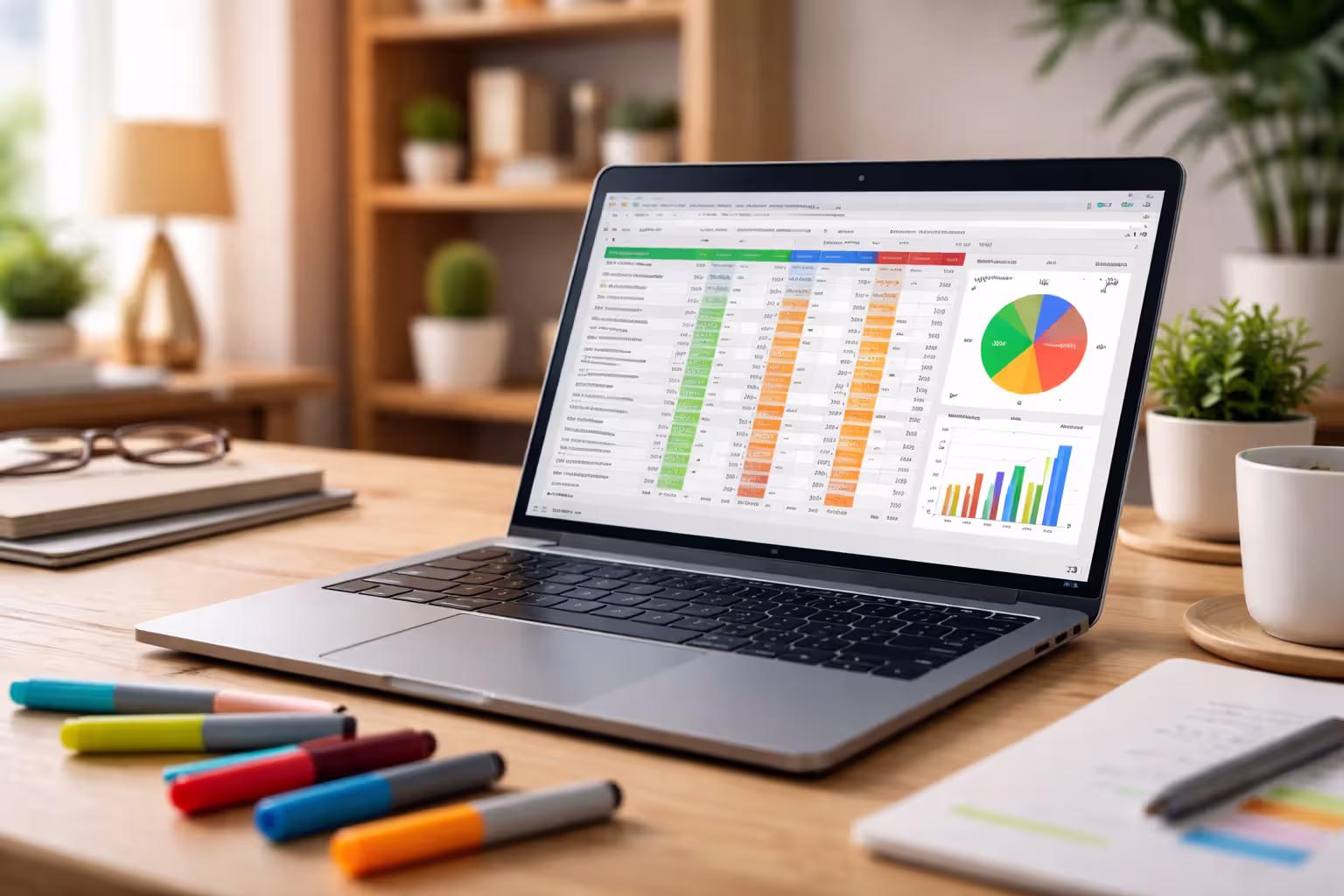 Wall calendar planner with colorful stickers next to laptop showing spreadsheet with multiple income source columns, representing master income coordination for settlement recipients