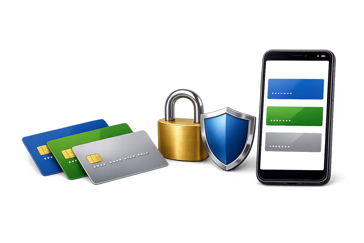 Three different colored bank cards spread on desk next to padlock and shield icon with smartphone showing banking app with separate accounts, representing settlement income protection strategy