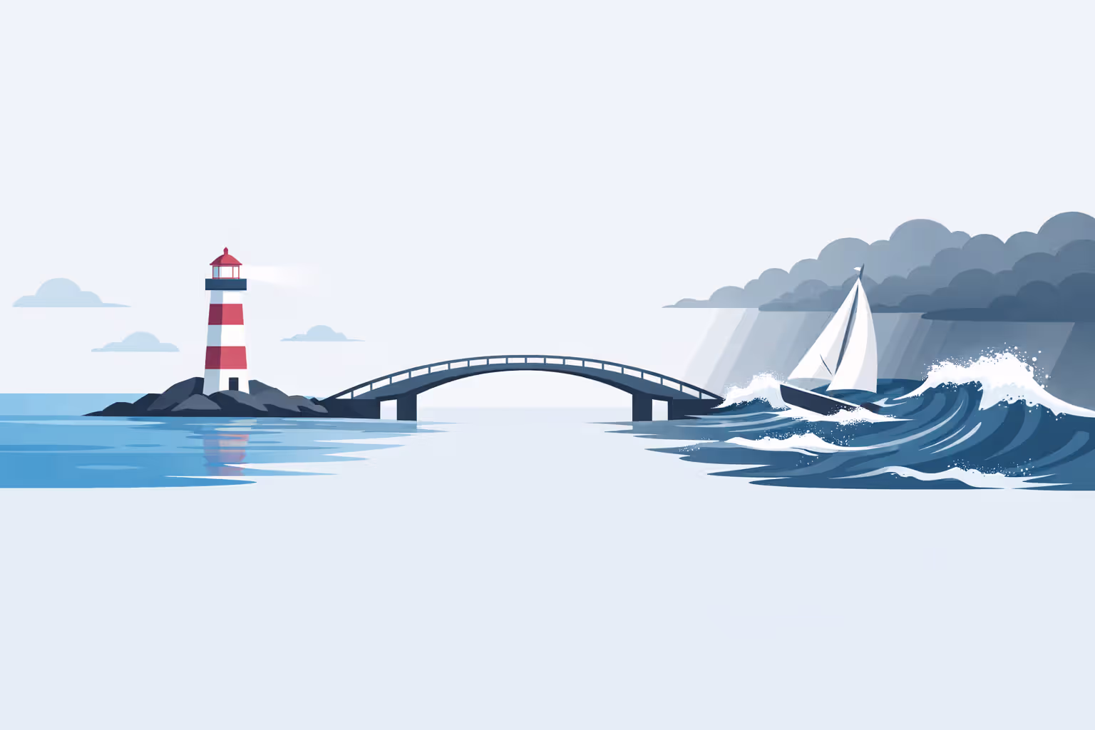 Conceptual illustration of a calm sea with lighthouse on one side connected by bridge to stormy sea with sailboat on the other side, representing guaranteed income stability versus market volatility