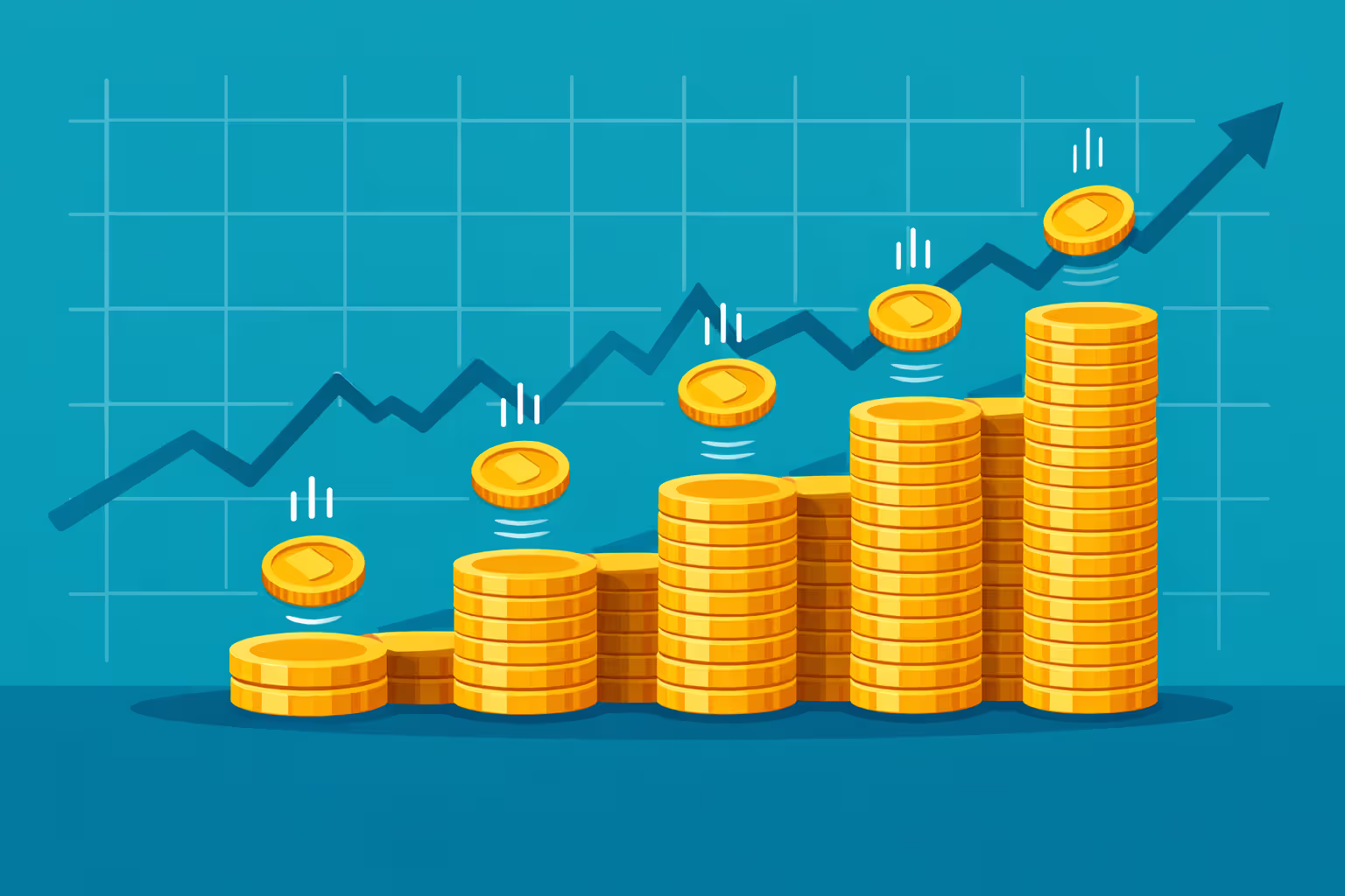 Ascending staircase made of stacked coins with identical coins dropping onto each step, representing dollar-cost averaging, with upward trending line graph in the background, flat design style in blue and green tones