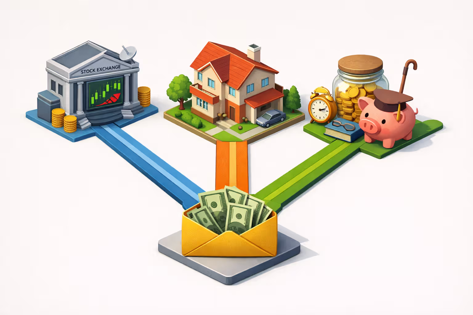 Isometric illustration showing three investment paths diverging from a money envelope: one leading to stock exchange building with charts, one to residential property, one to retirement piggy bank, in muted bright colors