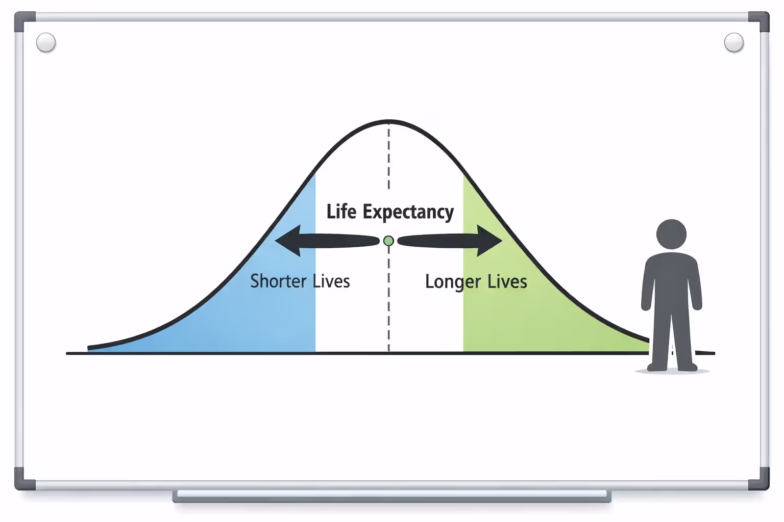 Bell curve probability distribution showing life expectancy as statistical midpoint with arrows indicating longer and shorter outcomes