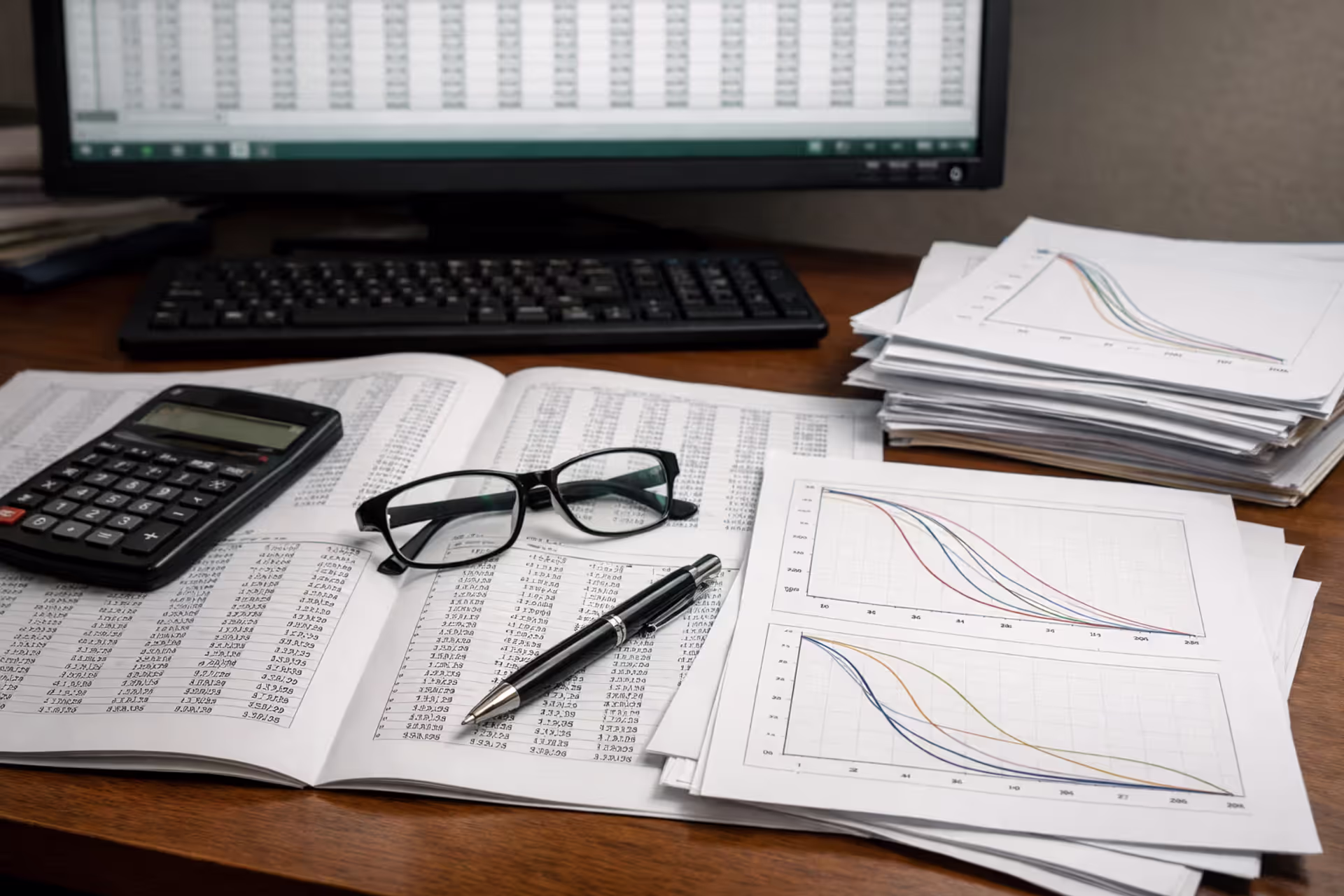 Actuary desk with mortality tables, calculator, survival curve charts and computer spreadsheet for structured settlement calculations