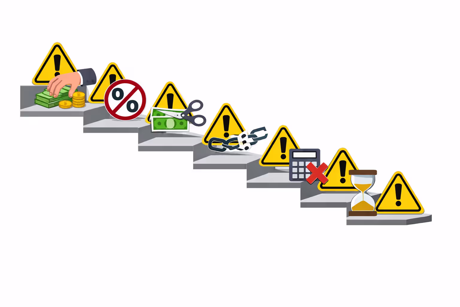 Warning signs on descending steps illustrating six common structured settlement mistakes including front-loading payments, ignoring inflation, selling at discount, poor coordination, tax errors, and mismatched payment periods