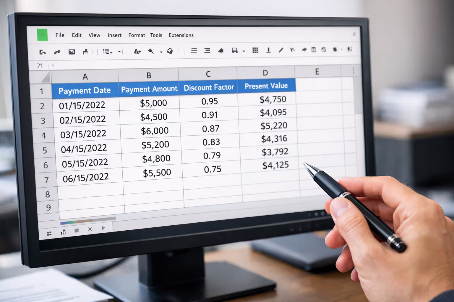 Computer screen showing Excel spreadsheet with structured settlement payment schedule columns for dates amounts discount factors and present values