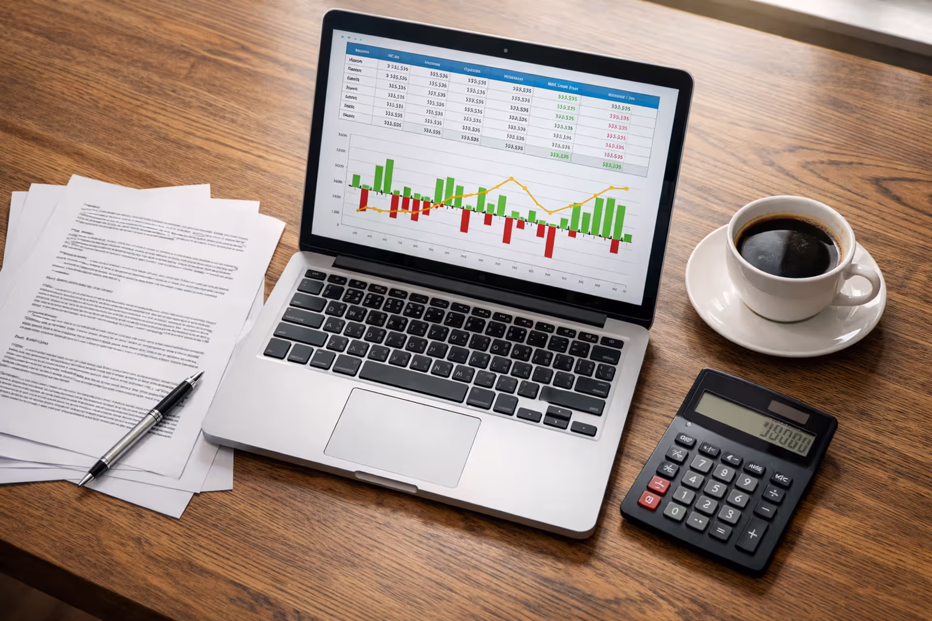 Laptop displaying financial cash flow chart on desk with settlement documents calculator and coffee cup top-down view