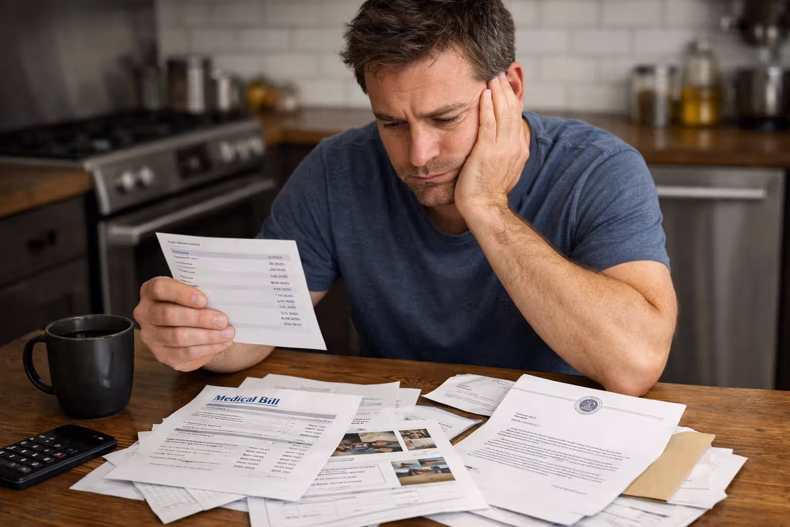 Worried person sitting at kitchen table surrounded by medical bills, home repair invoices and college letter while holding bank statement showing fixed monthly payments