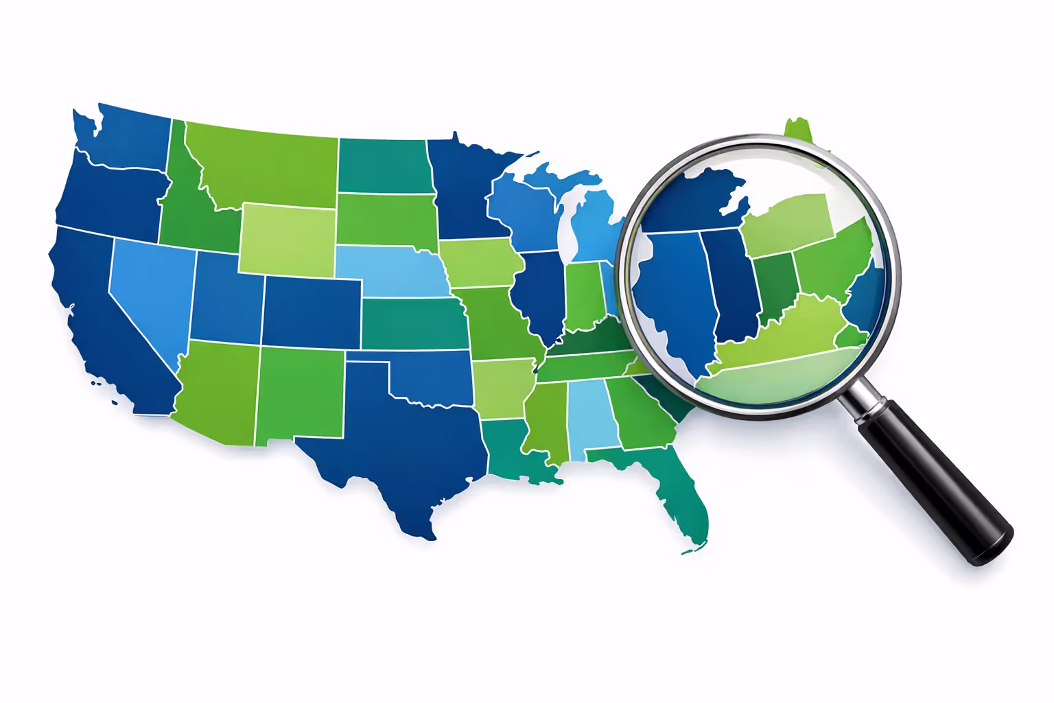 Stylized color-coded map of the United States showing different levels of structured settlement regulations across states with a magnifying glass