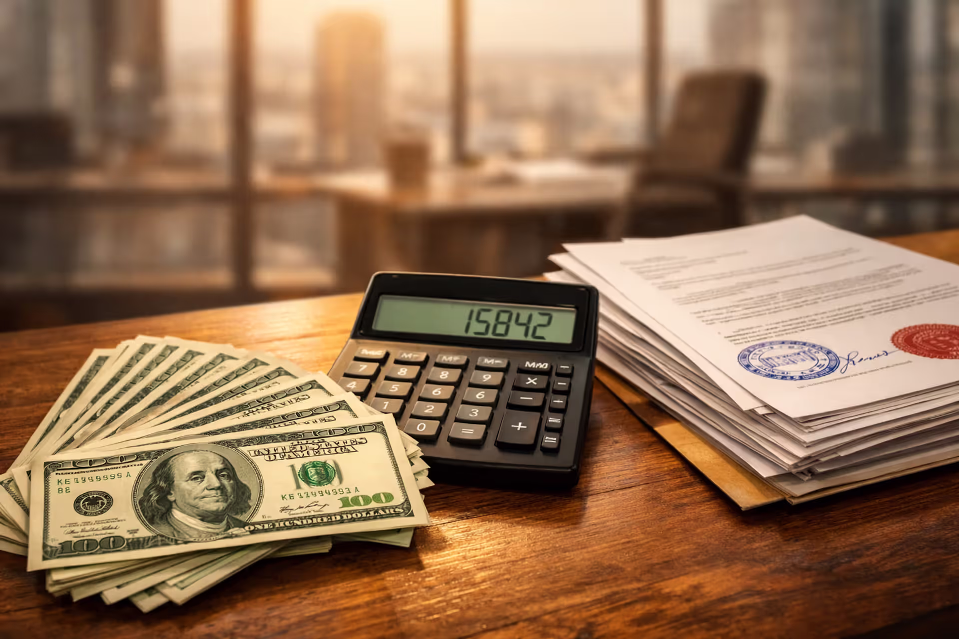 Calculator, US dollar bills spread on a wooden desk next to a stack of legal documents in a modern office setting